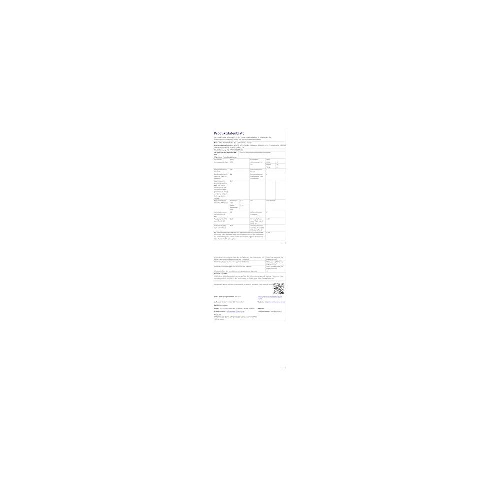 Ein detailliertes Produktdatenblatt mit technischen Daten, Tabellen und Kontaktinformationen.