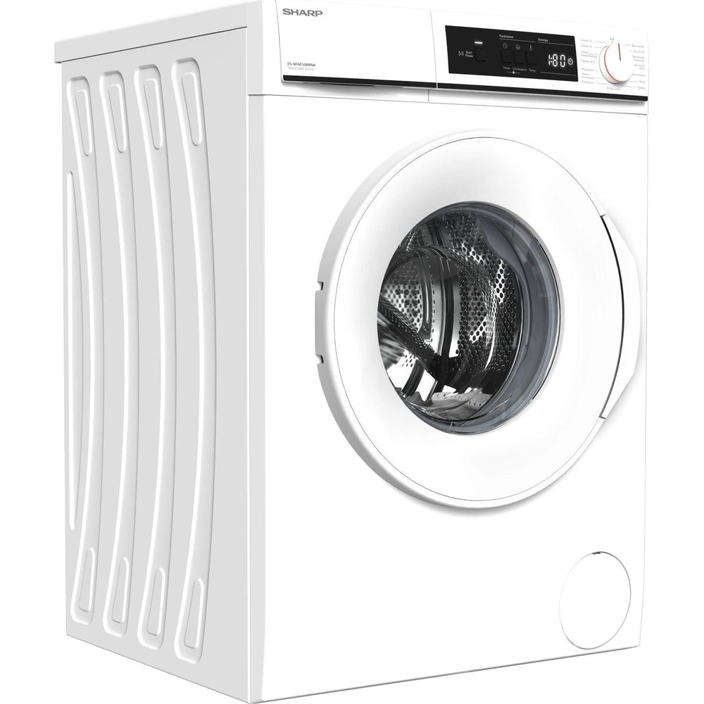 Un lave-linge hublot SHARP blanc avec écran numérique et hublot en verre.