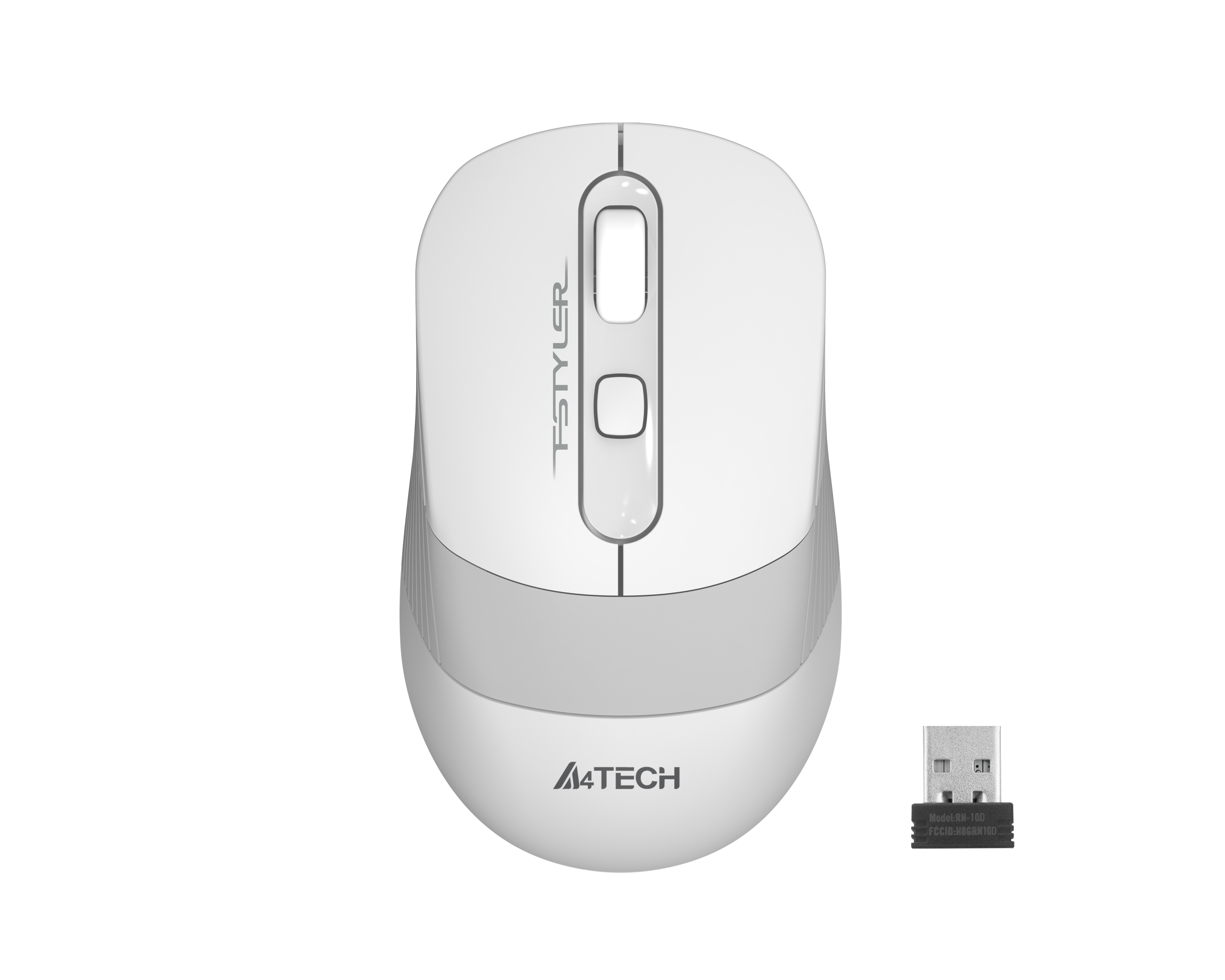 Kaydırma tekerleğine ve yanında küçük bir USB alıcıya sahip beyaz bir A4Tech kablosuz fare.