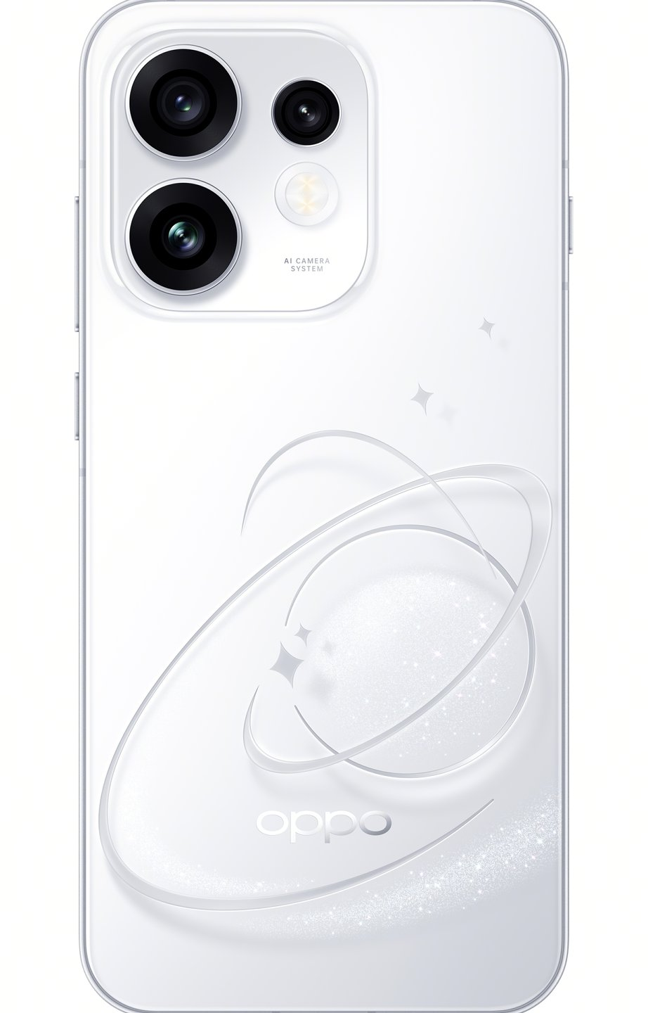 Dos de smartphone Oppo blanc avec triple capteur photo et design de planète en relief avec anneaux orbitaux.