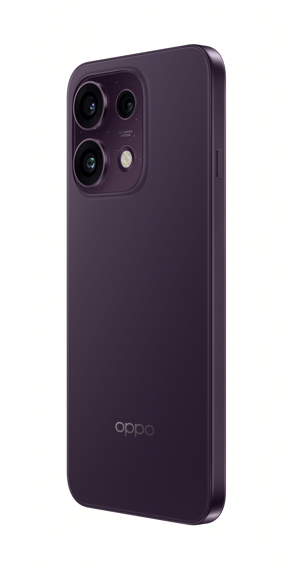 Le dos d'un smartphone Oppo violet avec deux caméras et un flash.
