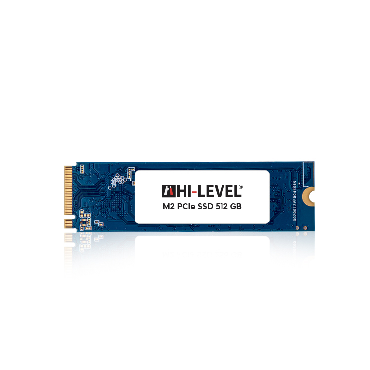 Beyaz arka planda mavi renkli Hi-Level M.2 PCIe SSD 512 GB sürücüsü.