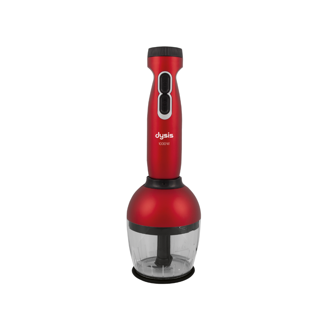 Beyaz arka planda 1000W yazılı, kırmızı renkli ve şeffaf hazneli bir el blenderı.