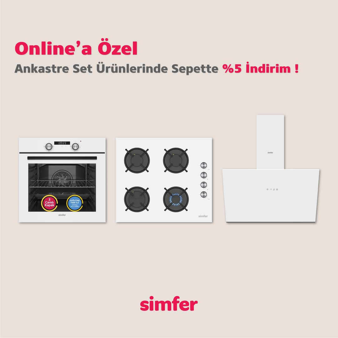 Simfer beyaz ankastre mutfak setleri için %5 indirimli reklam afişi.