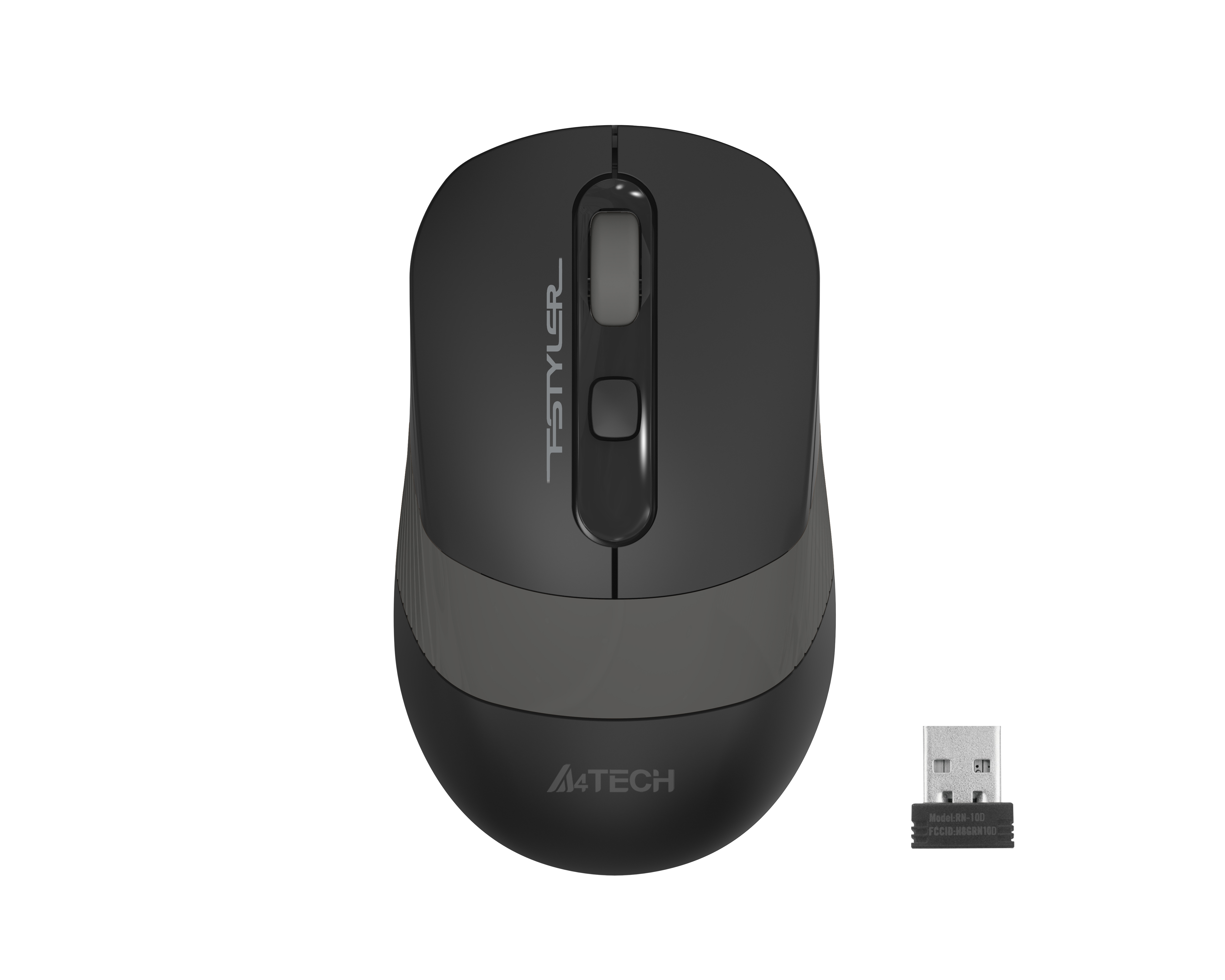 Beyaz arka planda kaydırma tekerlekli ve küçük USB alıcılı siyah A4Tech kablosuz fare.