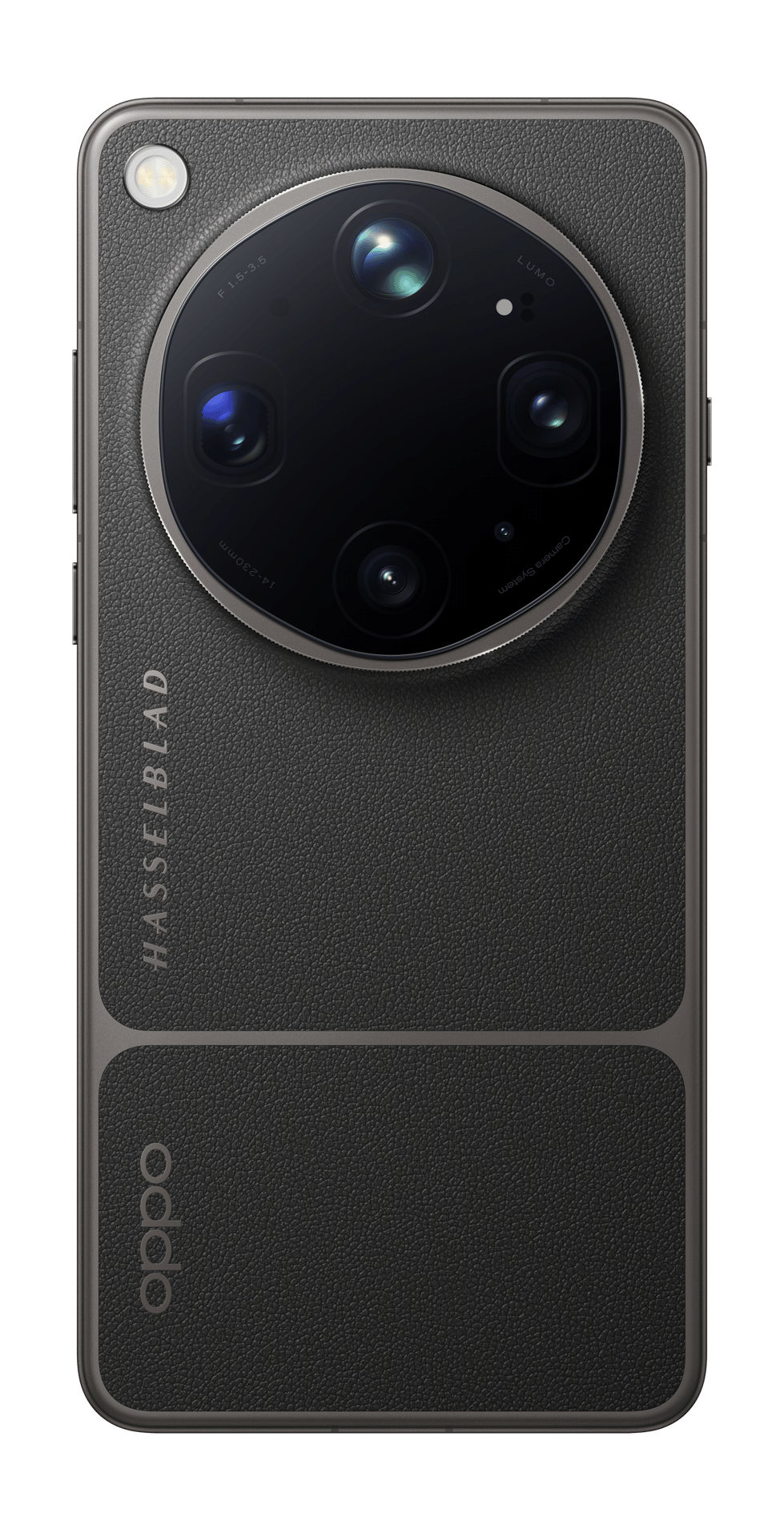 Rückseite eines grauen Smartphones mit großem runden Kameramodul, Hasselblad-Logo und Oppo-Schriftzug.