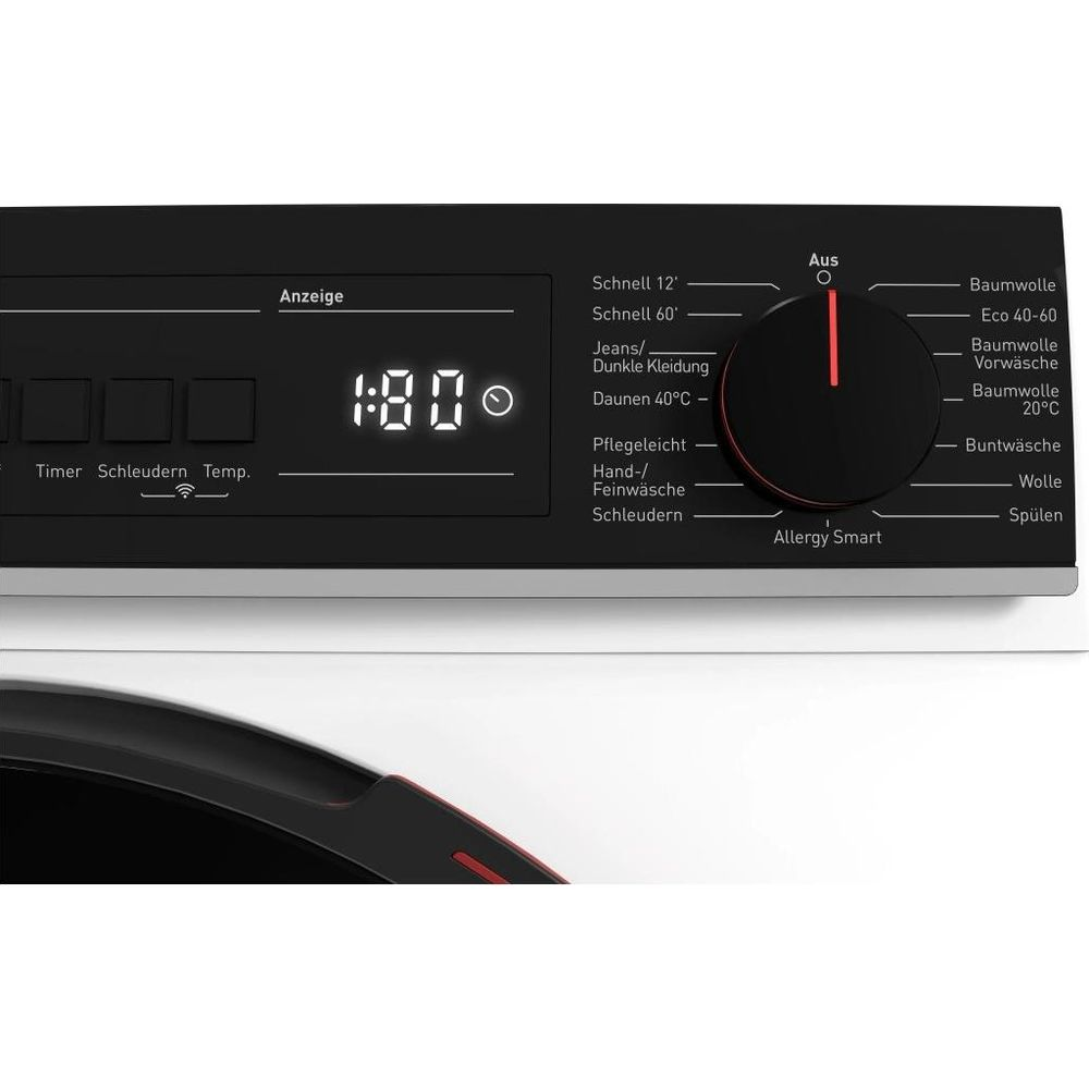 Pannello di controllo della lavatrice con display digitale, pulsanti e manopola su sfondo nero.