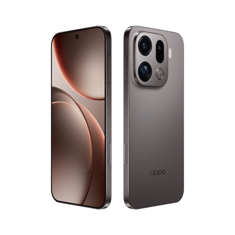 Deux smartphones Oppo gris sur fond noir, l'un montrant l'écran, l'autre la caméra arrière.