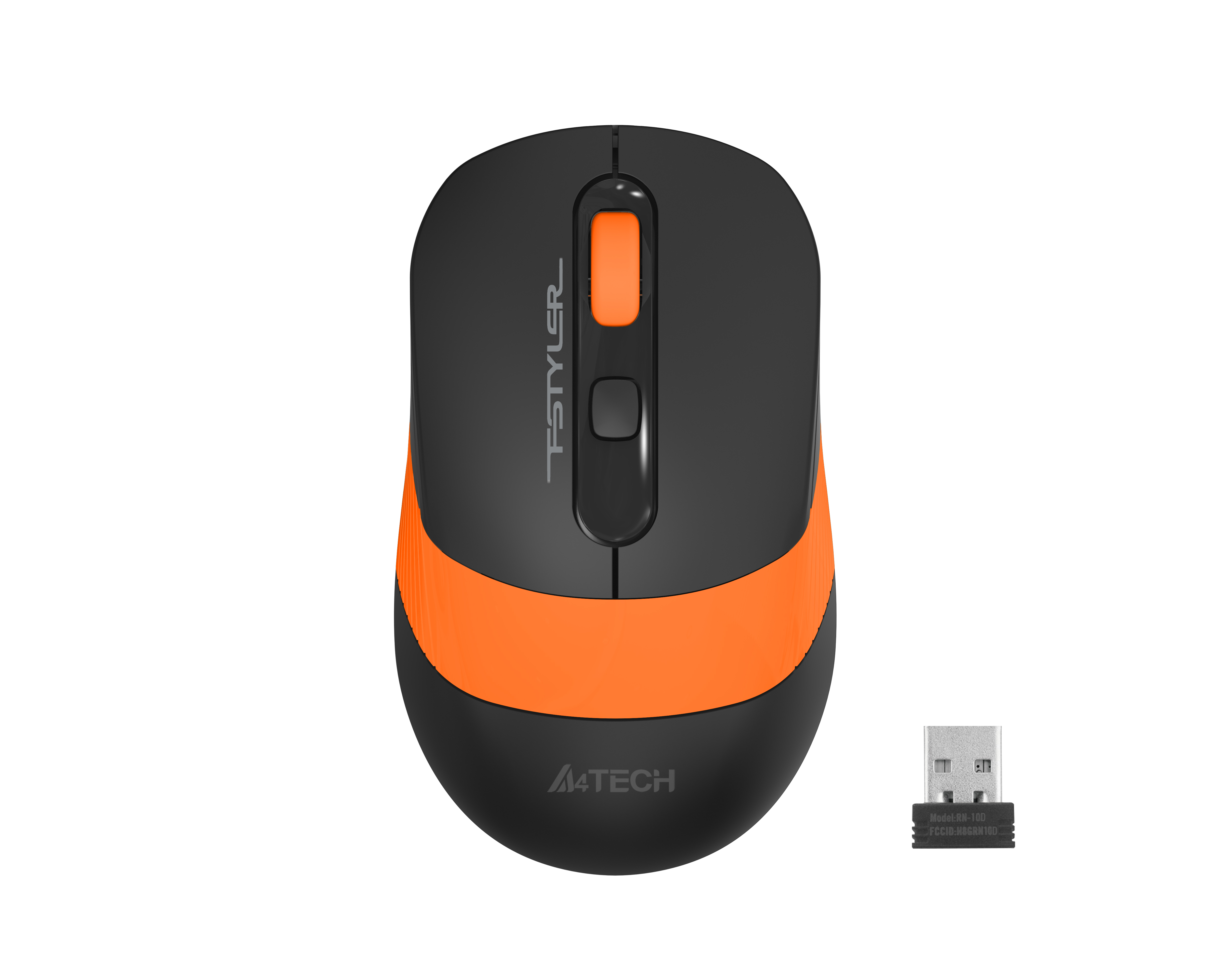 Beyaz arka planda USB alıcılı siyah ve turuncu A4Tech kablosuz fare.
