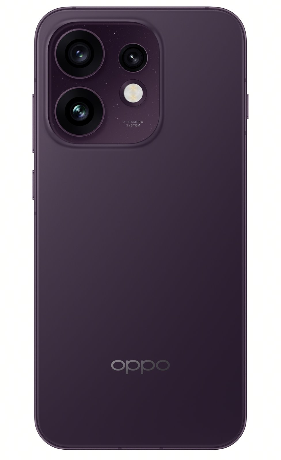 Dos d'un smartphone violet foncé avec trois caméras et le logo Oppo.