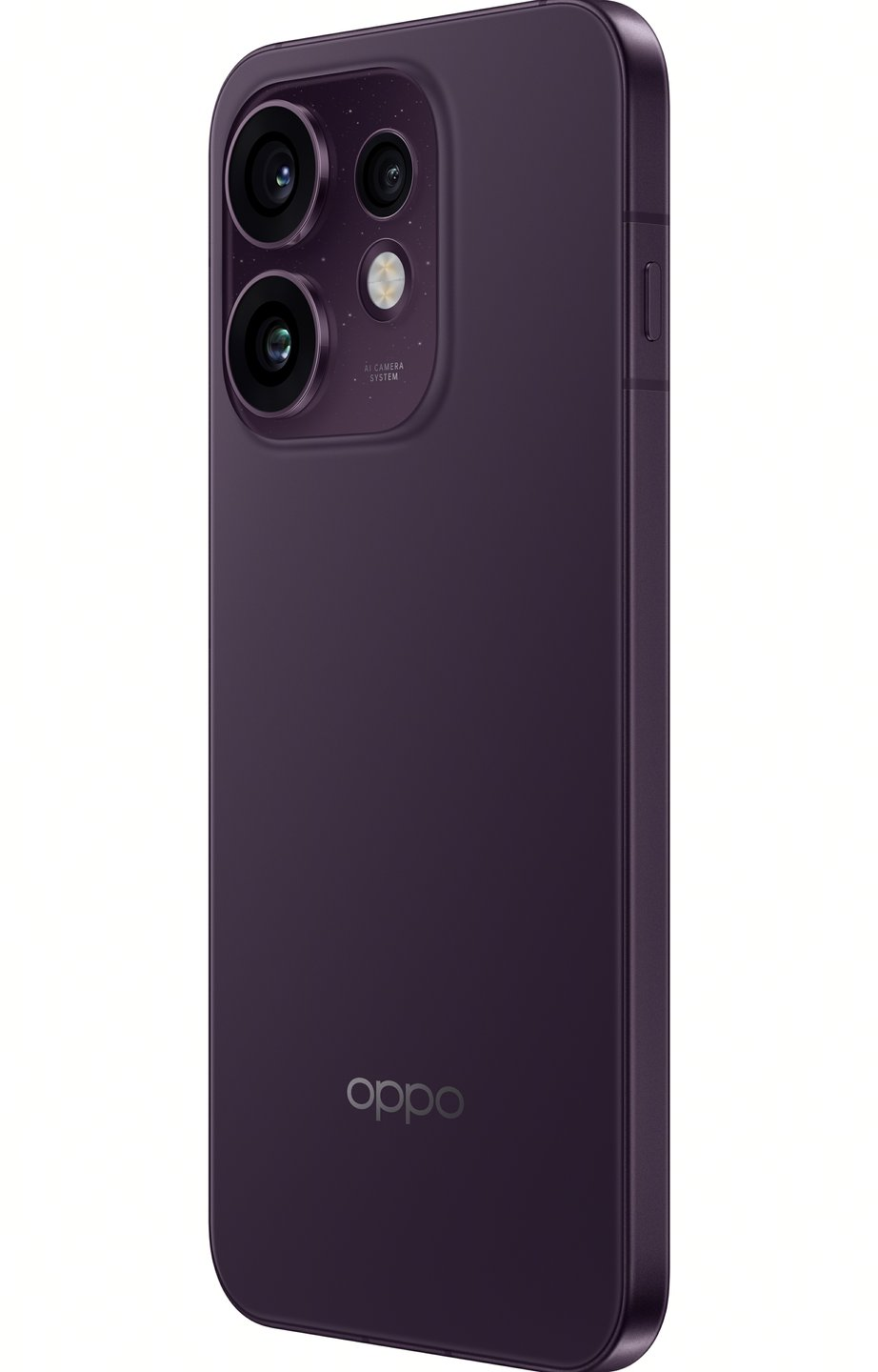 Dos d'un smartphone Oppo violet avec double caméra et logo sur fond blanc.