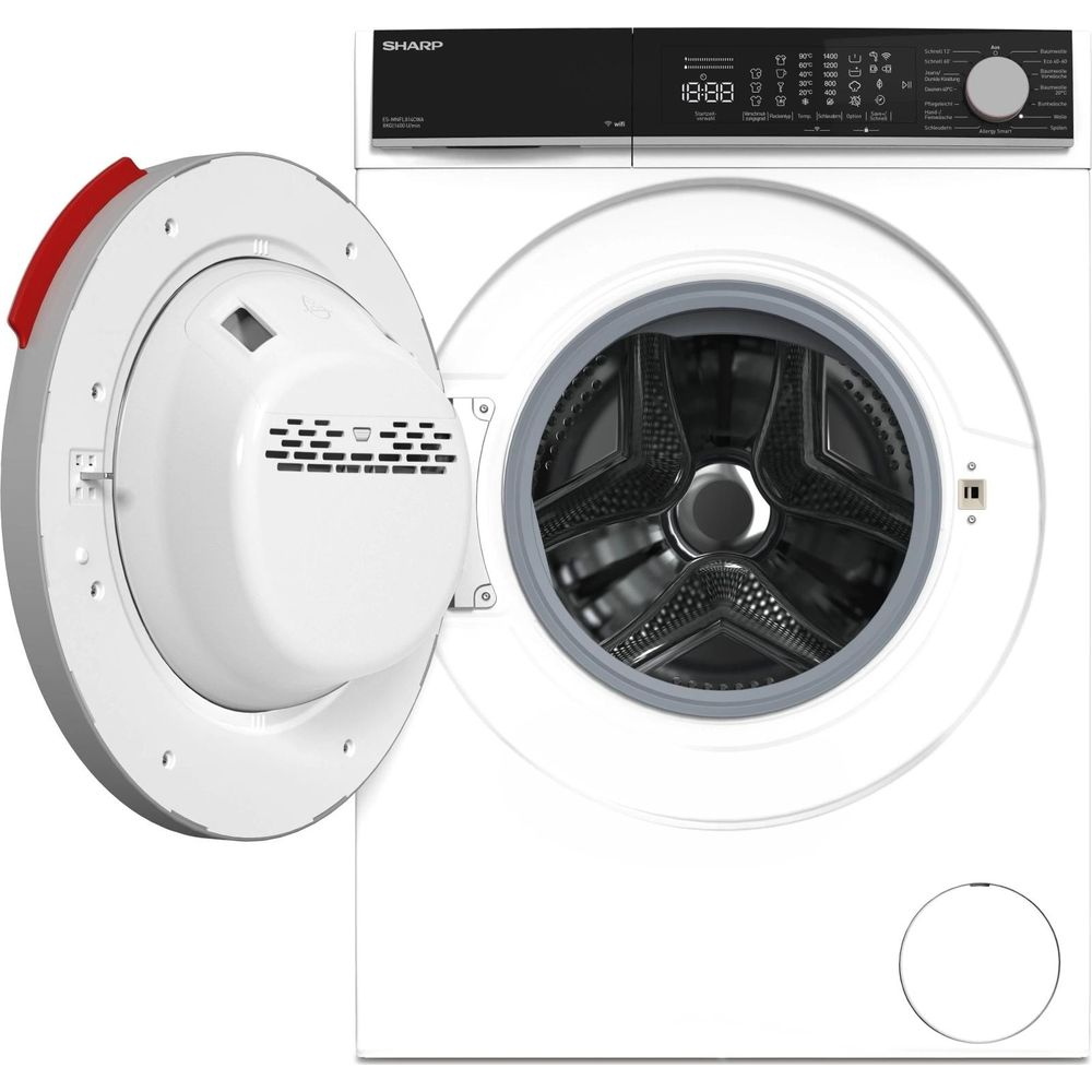 Un lave-linge Sharp blanc avec la porte ouverte, un panneau de commande noir et un écran.