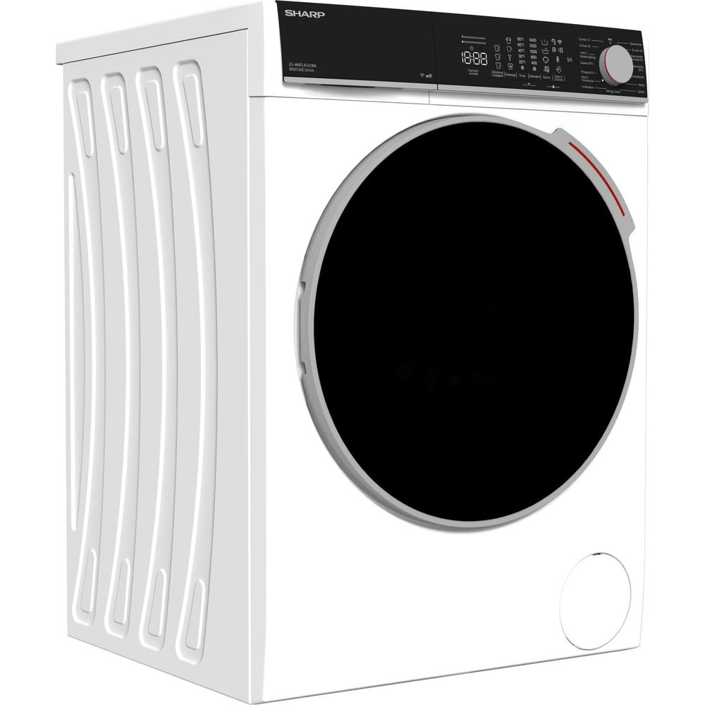 Un lave-linge blanc Sharp avec un panneau de commande noir et une porte vitrée ronde sur fond blanc.