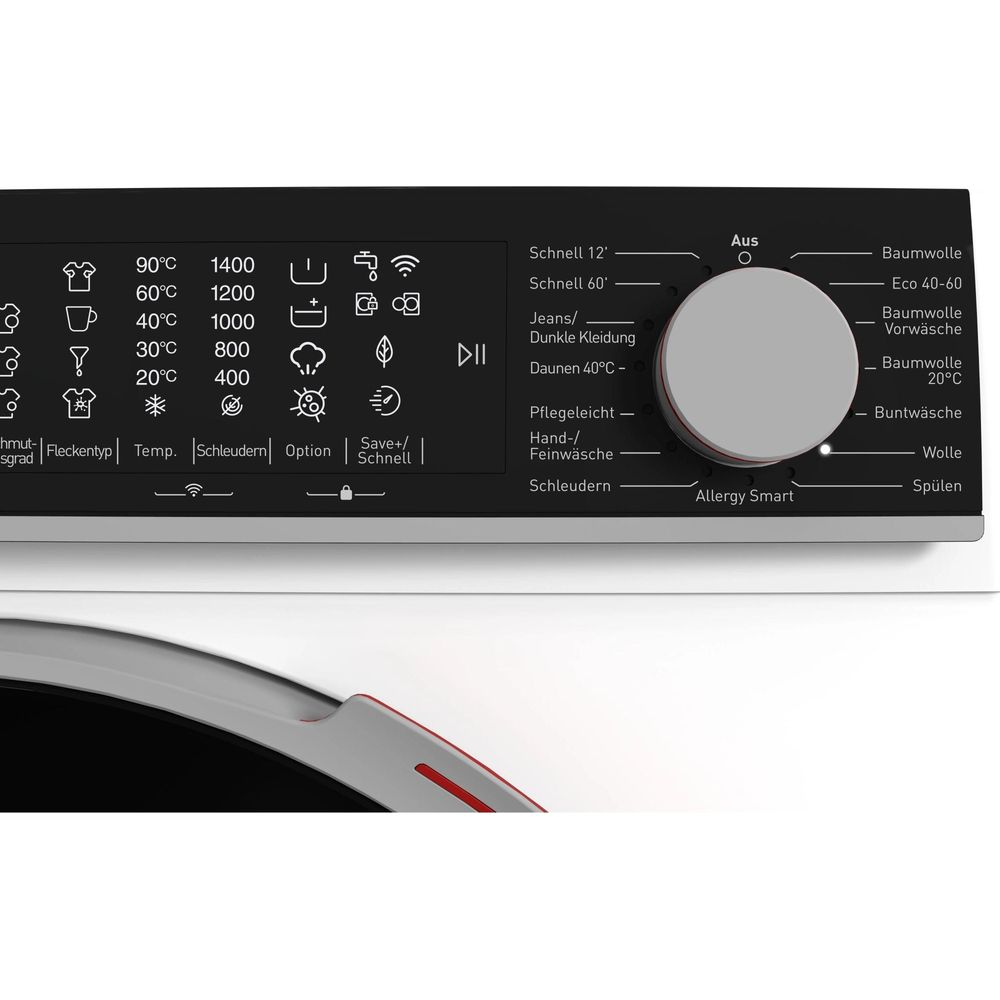 Panneau de commande de lave-linge avec écran numérique et bouton rotatif sur corps blanc.