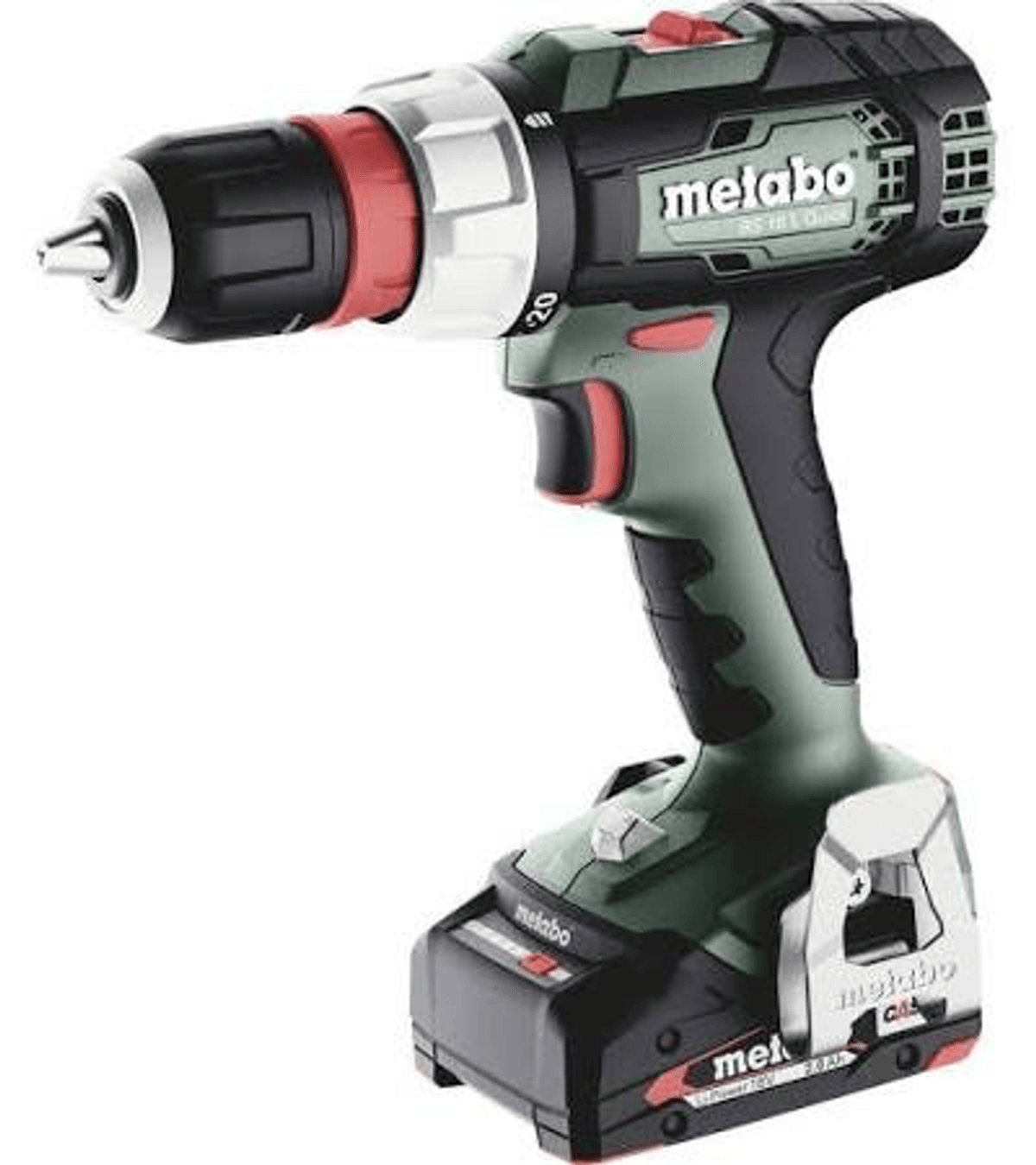 Un taladro inalámbrico Metabo verde y negro sobre fondo blanco.