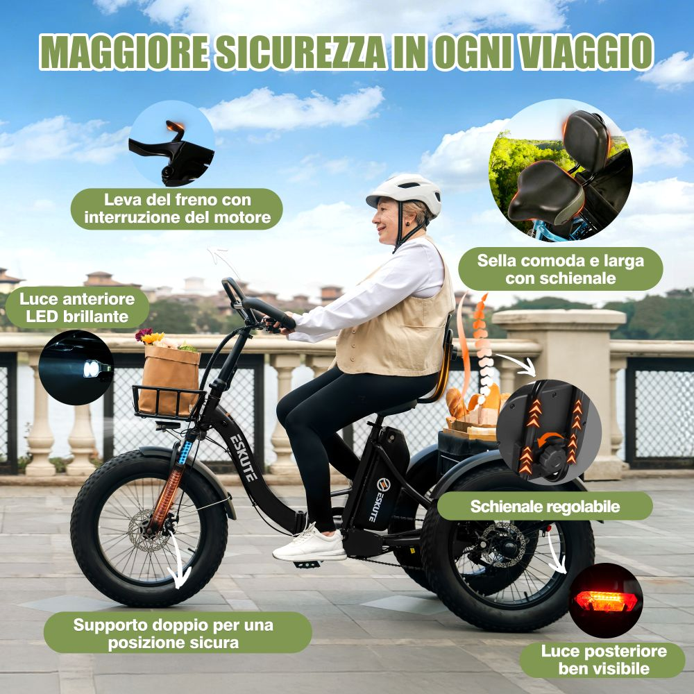 Anziana guida un triciclo elettrico con caratteristiche di sicurezza.