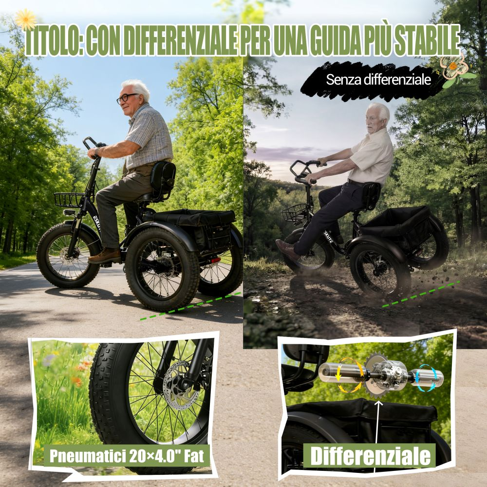 Confronto di due anziani su tricicli elettrici, con e senza differenziale.