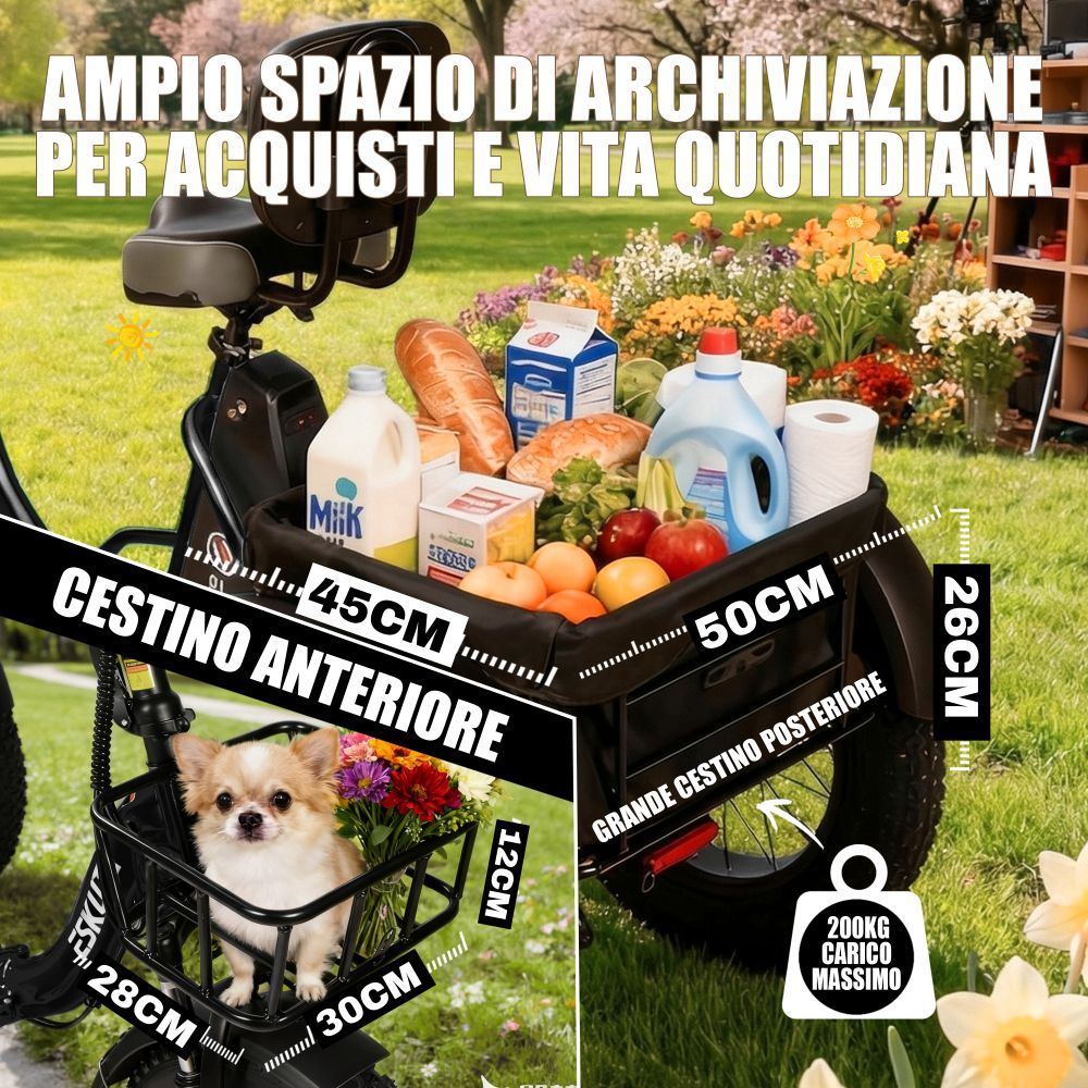 Un tricoticlo elettrico carico di spesa nel cestino posteriore e un cagnolino in quello anteriore.