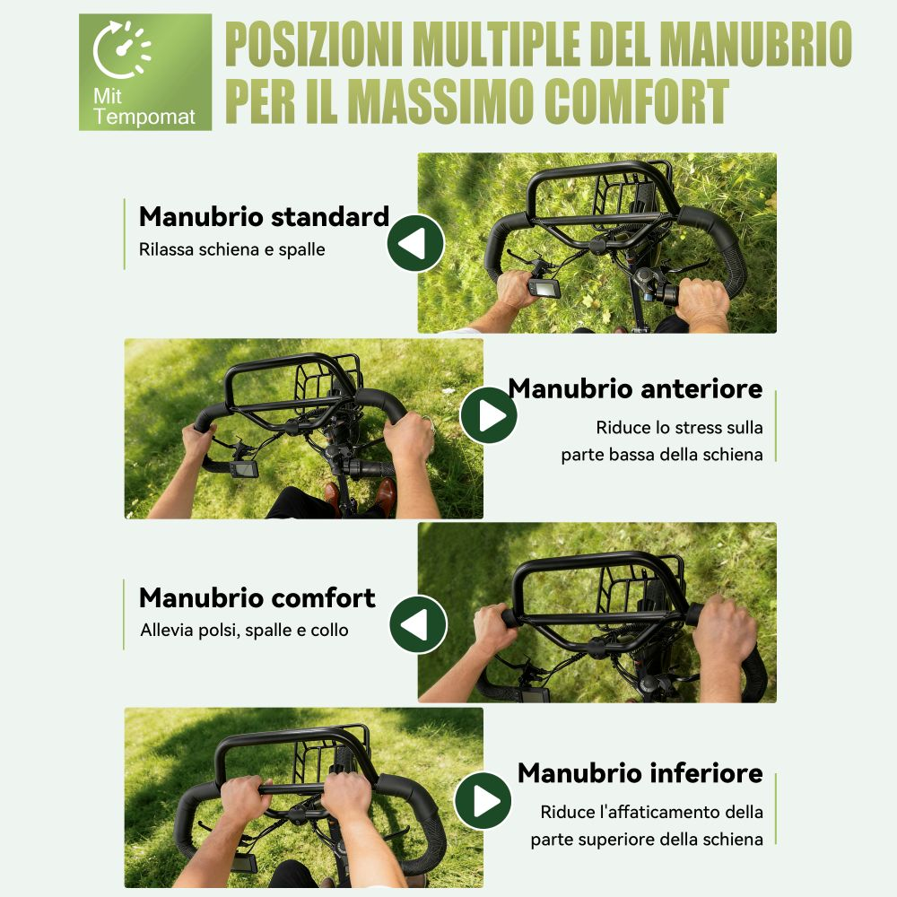 Quattro immagini mostrano diverse posizioni del manubrio per il comfort.