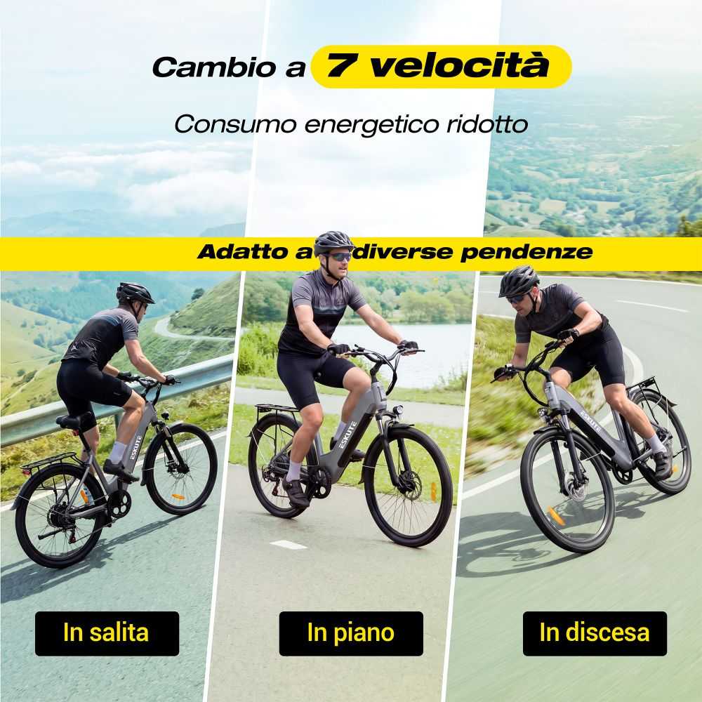 Un ciclista su una bici elettrica su diversi terreni, in salita, in piano e in discesa.
