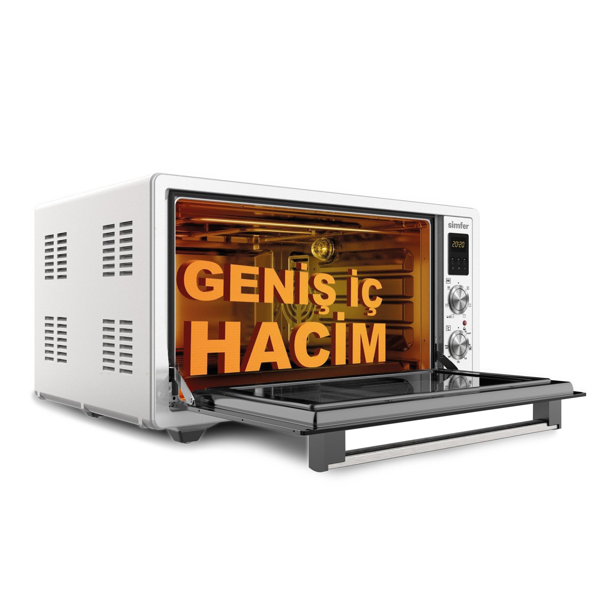 Kapağı açık beyaz renkli Simfer fırının turuncu aydınlatmalı içi ve üzerinde GENİŞ İÇ HACİM yazısı.
