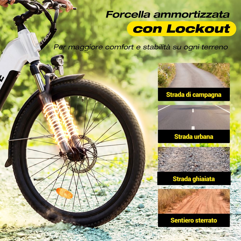 Forcella ammortizzata con lockout per comfort e stabilità su vari terreni, illustrata con quattro sfondi.