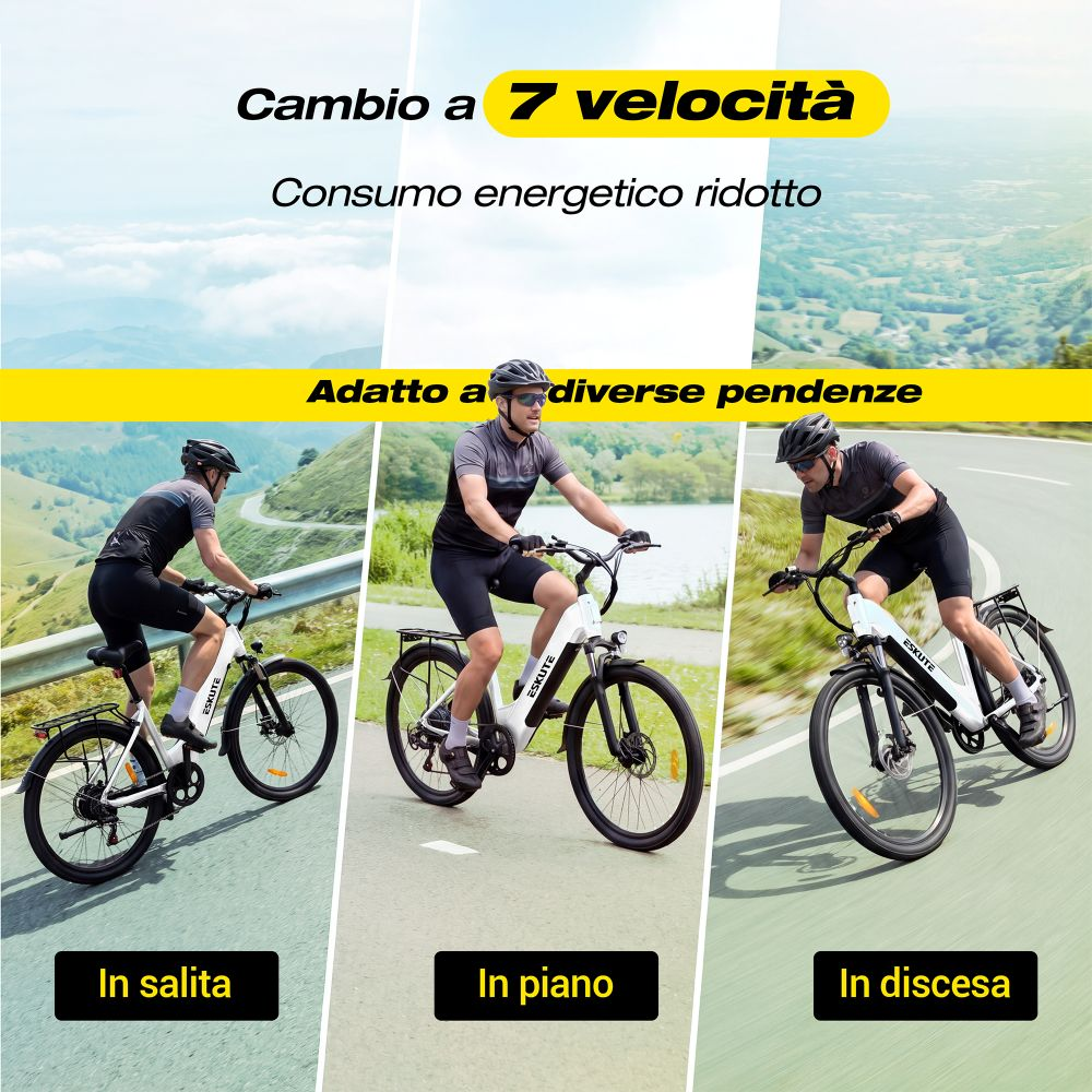 Ciclista su e-bike su vari percorsi: in salita, in piano e in discesa, con testo.