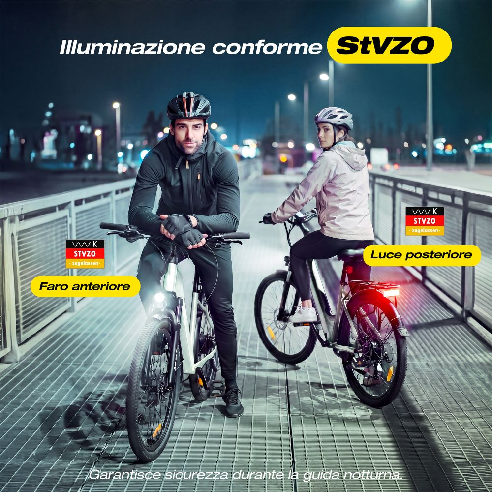 Due ciclisti con caschi e luci brillanti pedalano su un ponte di notte.