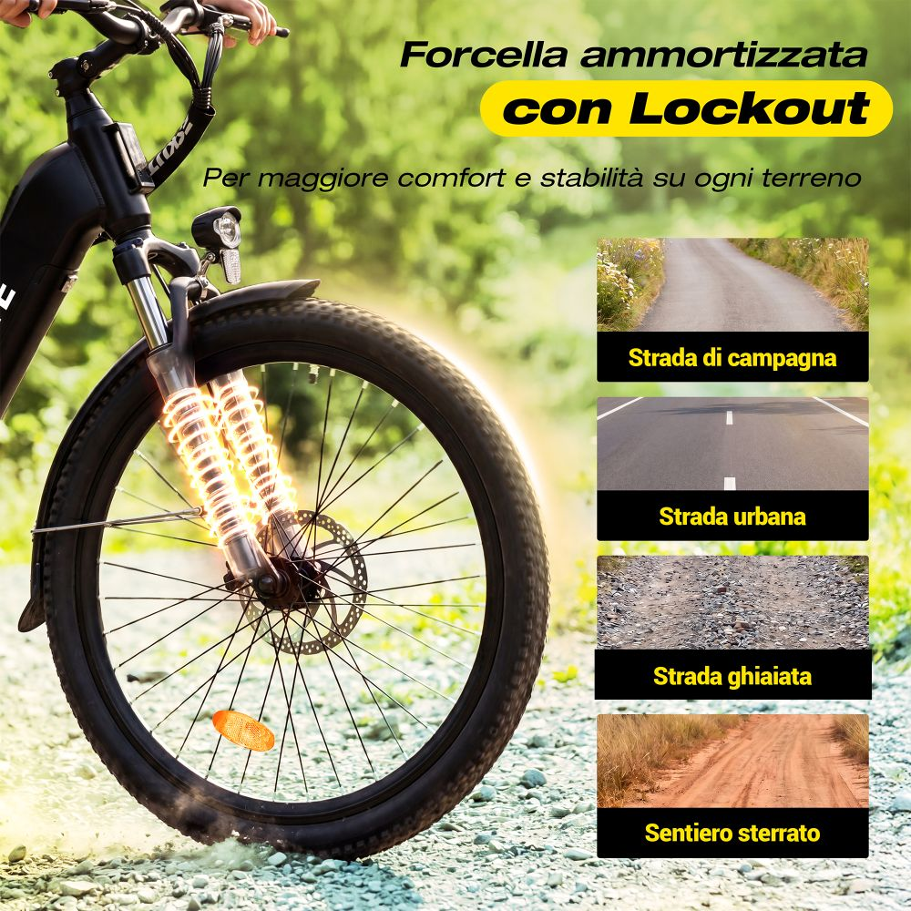 Bicicletta con forcella ammortizzata e lockout per vari terreni.