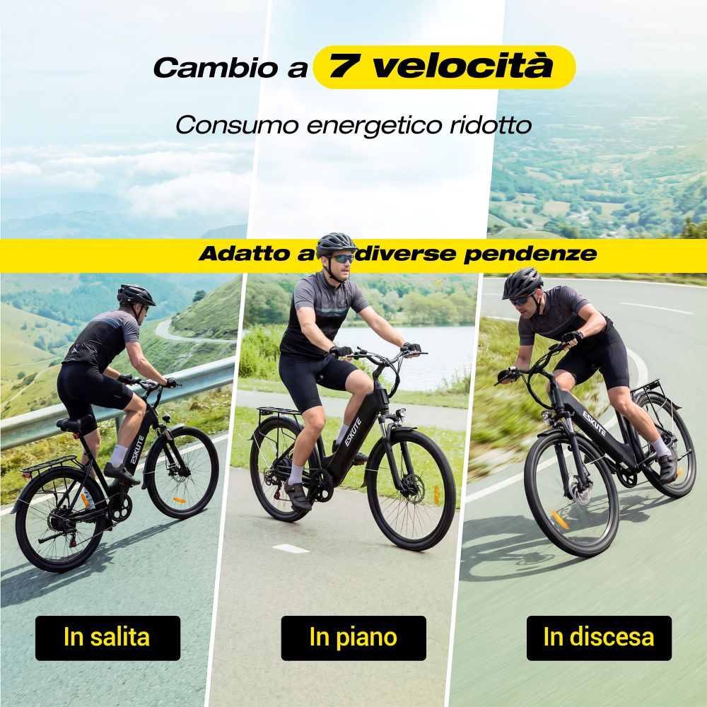 Un uomo guida un'e-bike nera in salita, in piano e in discesa in una scena in tre parti.