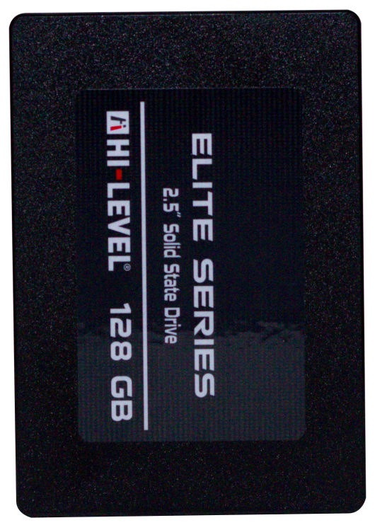Beyaz ve kırmızı yazı etiketli siyah Hi-Level Elite Series 128GB 2.5 inç katı hal sürücüsü.