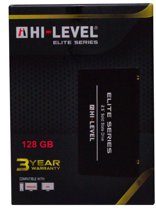 3 yıl garantili Hi-Level Elite Series 128 GB 2.5 inç SSD ürün ambalajı.