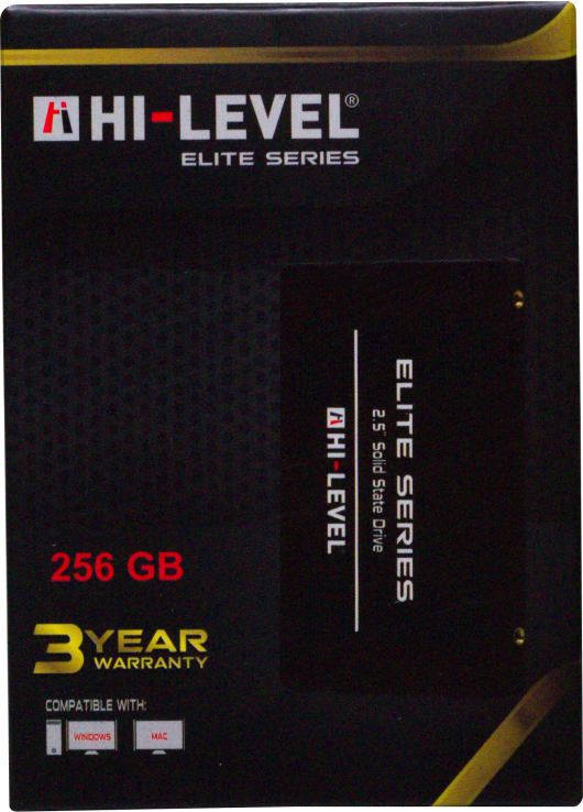 3 yıl garanti ve PC/Mac uyumluluğuna sahip Hi-Level Elite Serisi 256 GB SSD ambalajı.