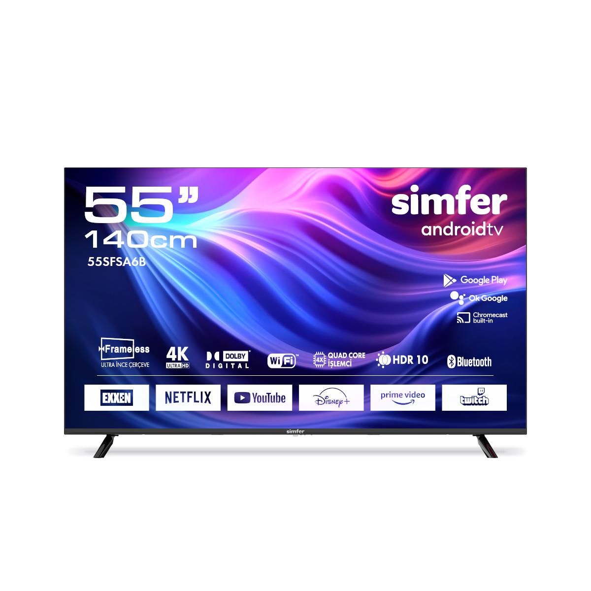 Ekranında canlı arayüz, uygulama logoları ve teknik özellik simgeleri bulunan 55 inç Simfer Android TV.