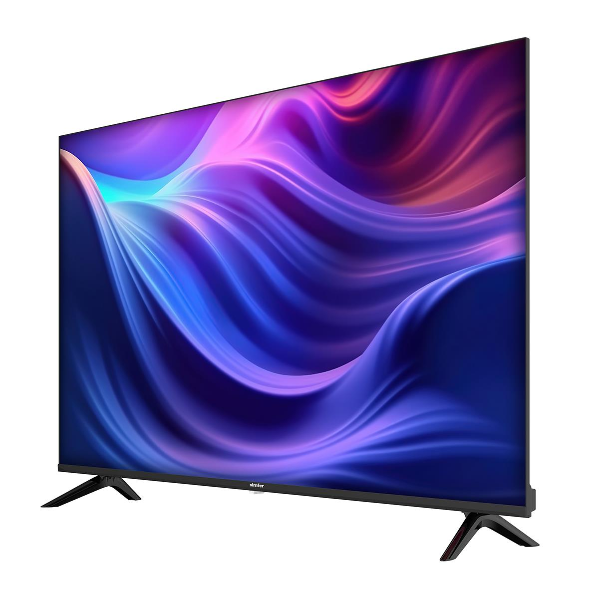 Soyut mor, mavi ve kırmızı dalgalı desenler gösteren modern bir düz ekran TV.