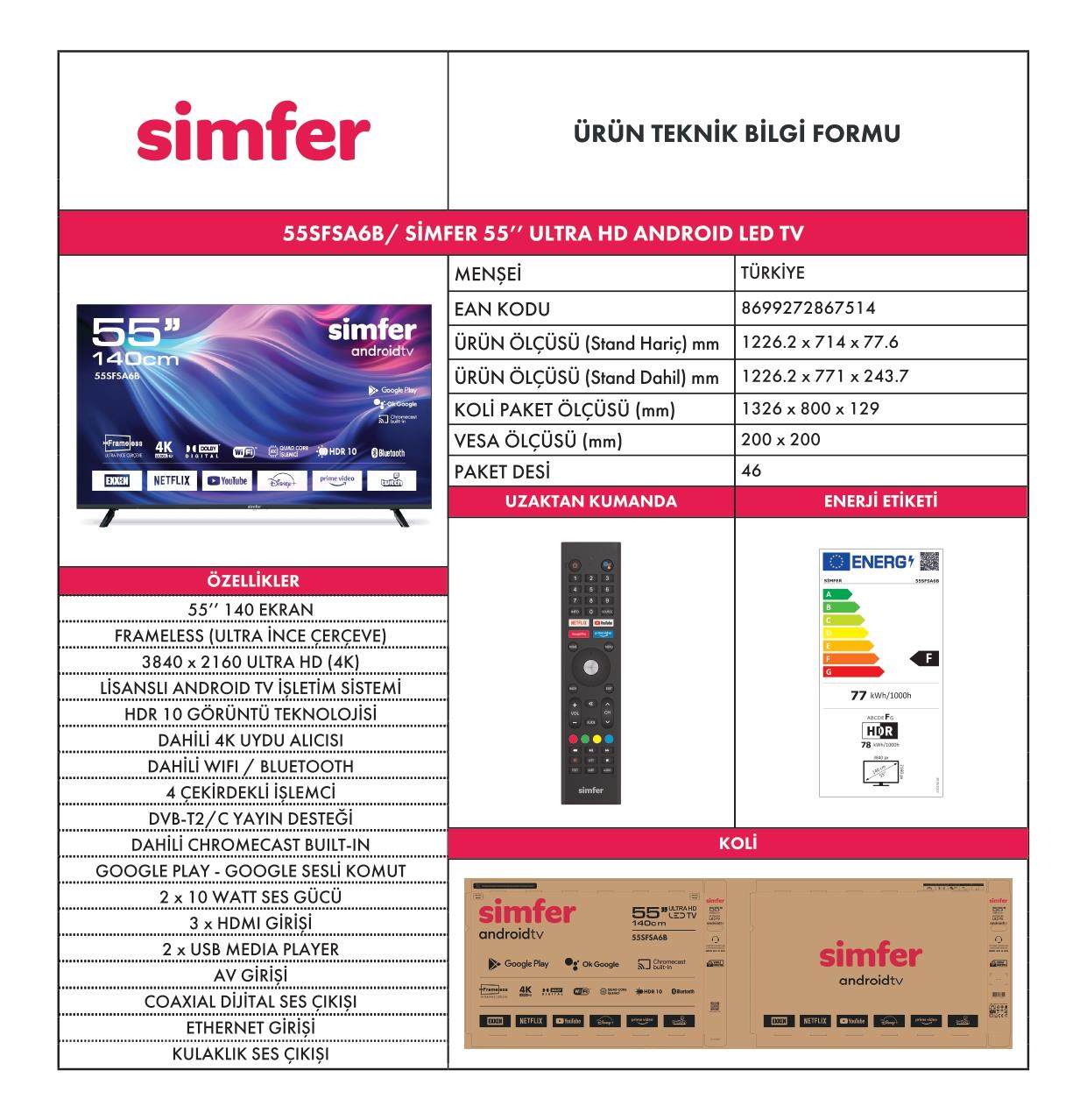 Özellikleri, ölçüleri, kumandası ve enerji etiketiyle Simfer 55 inç Ultra HD Android LED TV teknik bilgi formu.