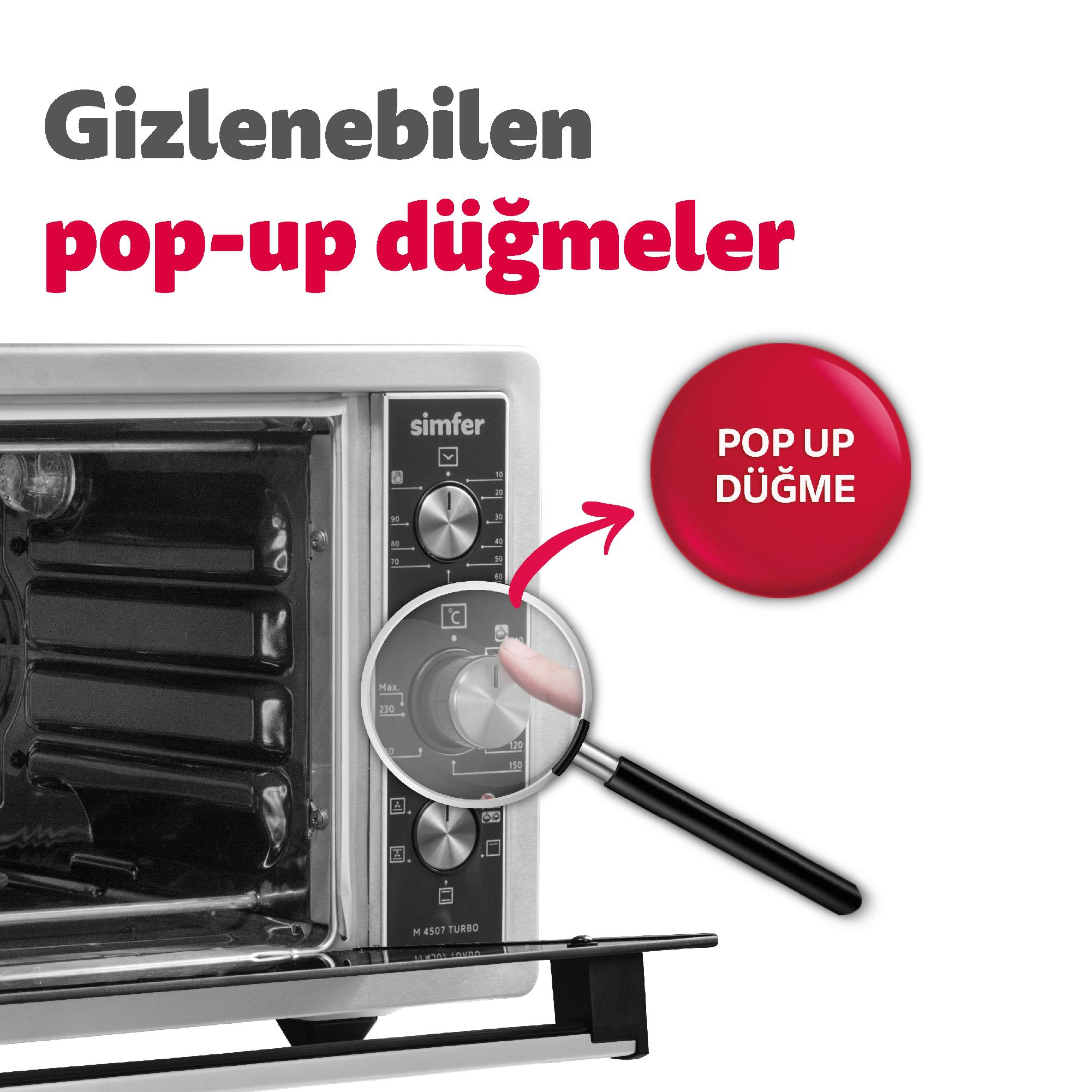 Gizlenebilir pop-up düğmeli fırın, kırmızı ok ve büyüteçle gösteriliyor.