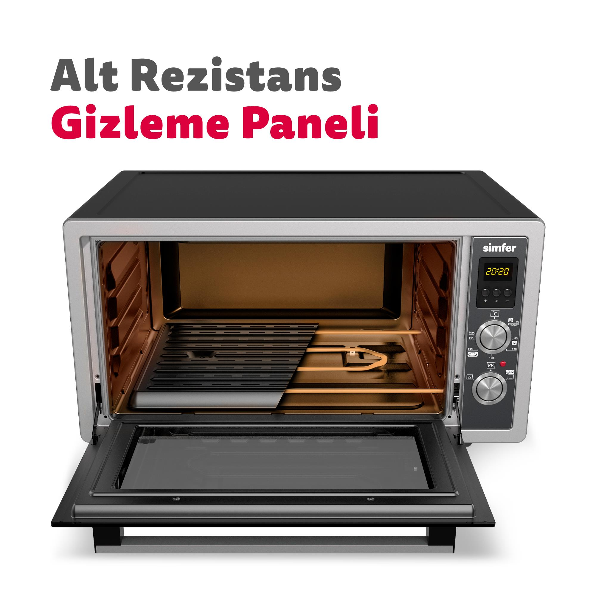 Açık kapaklı, dijital ekranlı, düğmeli ve alt rezistans gizleme panelli Simfer mini fırın.