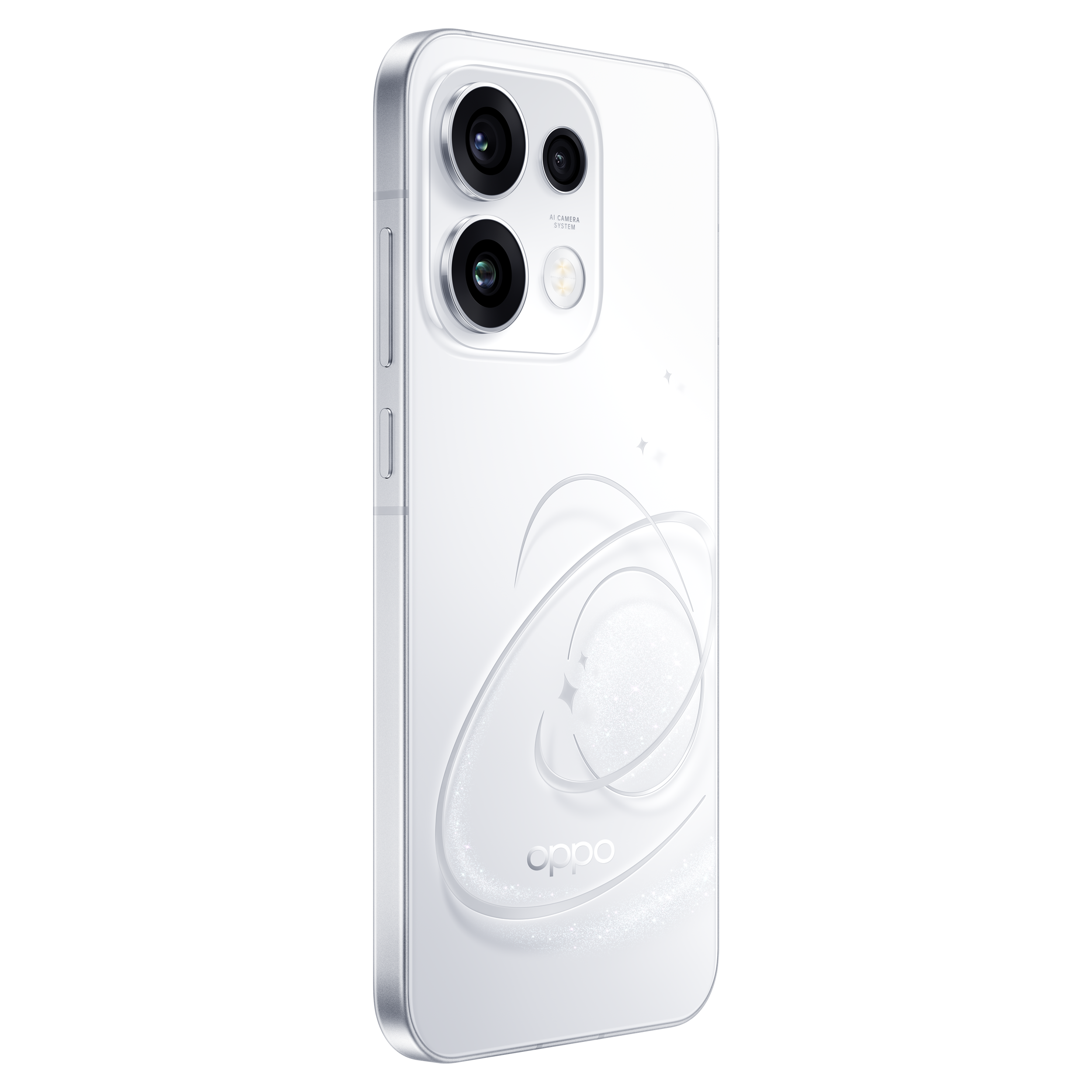 Dos de smartphone Oppo blanc avec double caméra, flash et design d'anneaux circulaires sur fond noir.