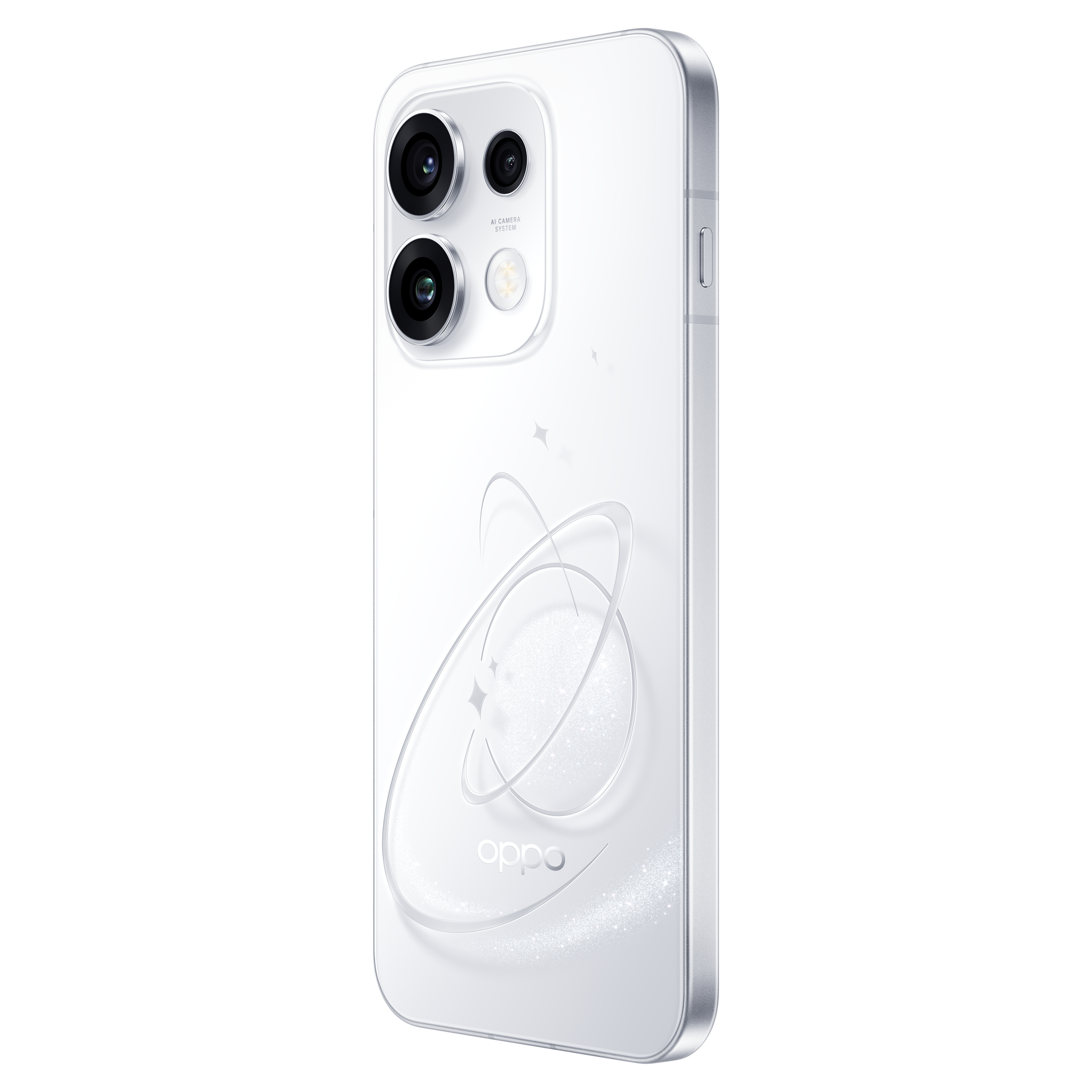 Smartphone Oppo blanc avec triple caméra et gravure des anneaux de Saturne au dos.