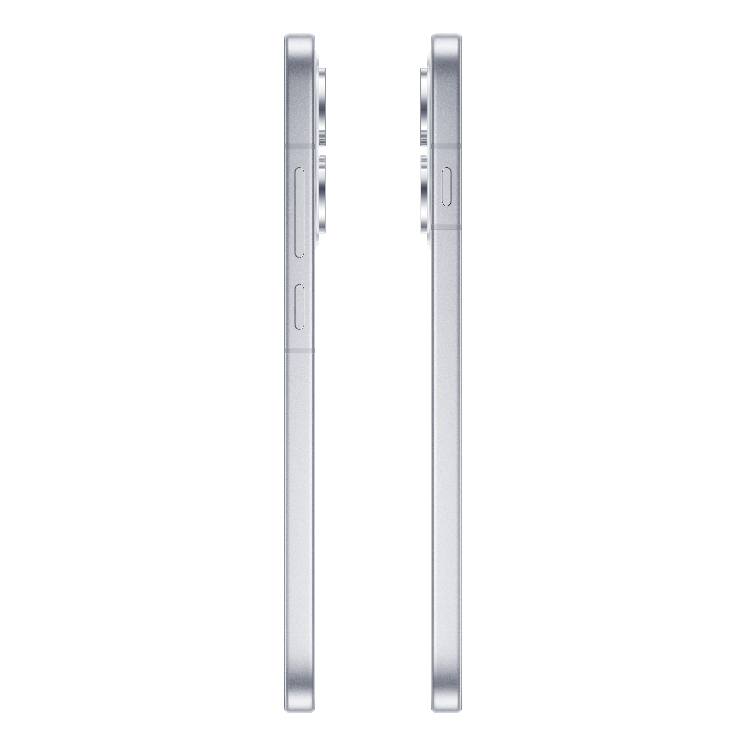 Deux vues latérales d'un smartphone argenté avec des boutons et un appareil photo sur fond noir.