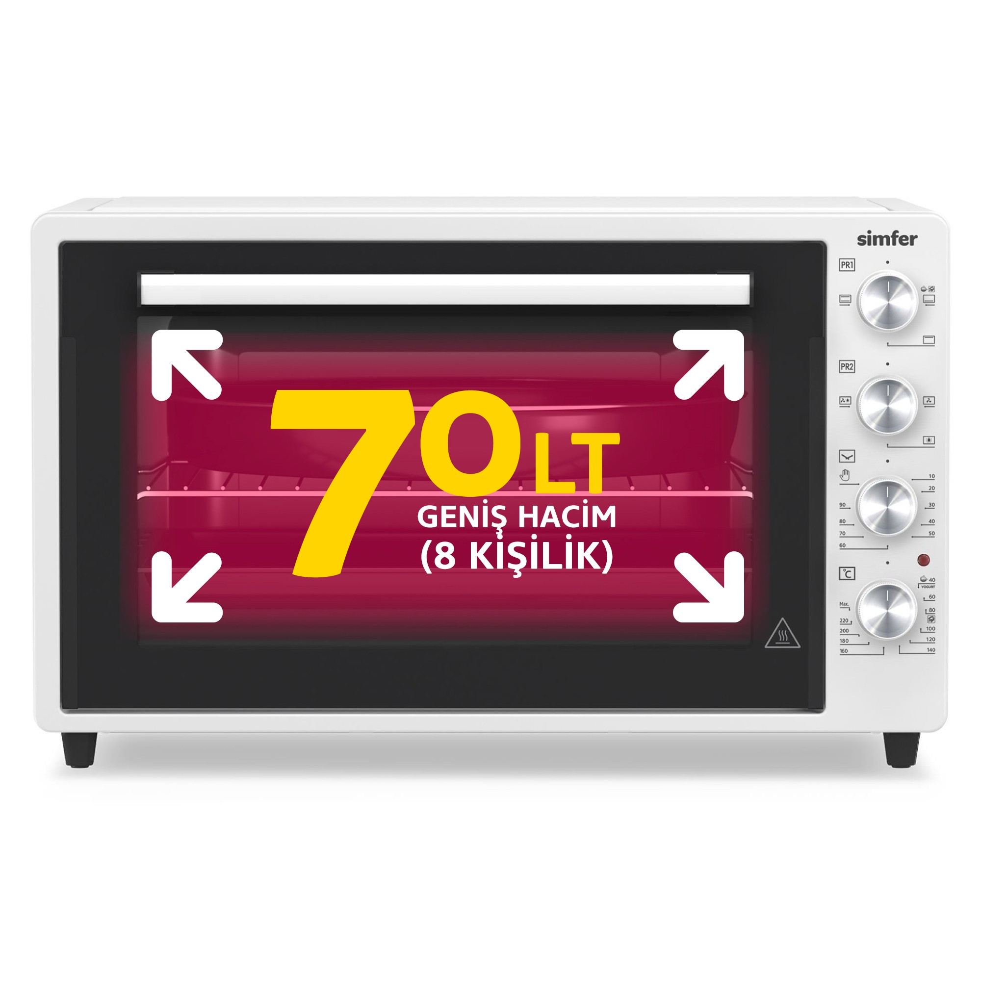 Dört gümüş düğmeli ve cam kapakta büyük kırmızı 70 litre yazısı bulunan beyaz Simfer fırın.