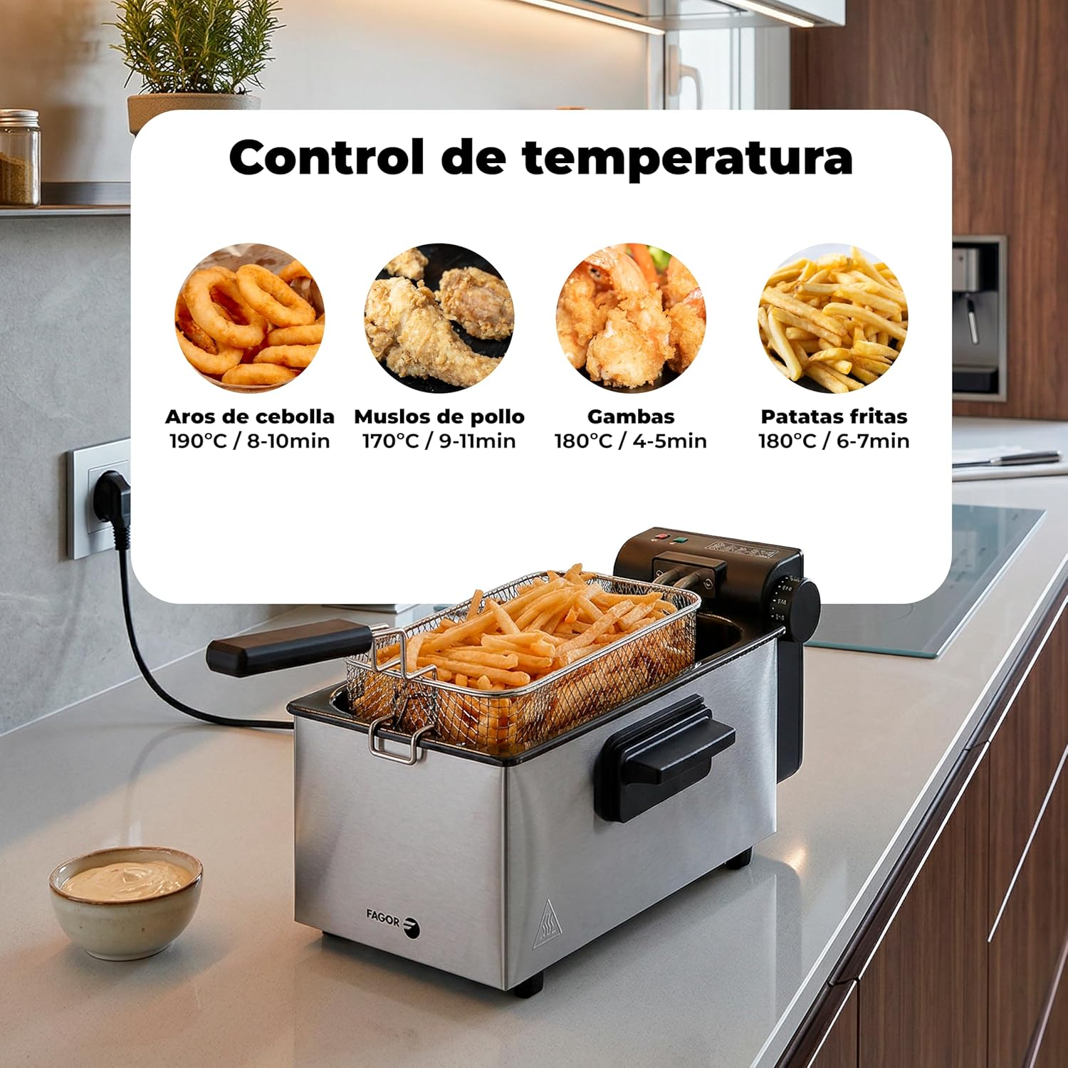 Una freidora de acero inoxidable sobre una encimera de cocina con una infografía de temperaturas y tiempos.