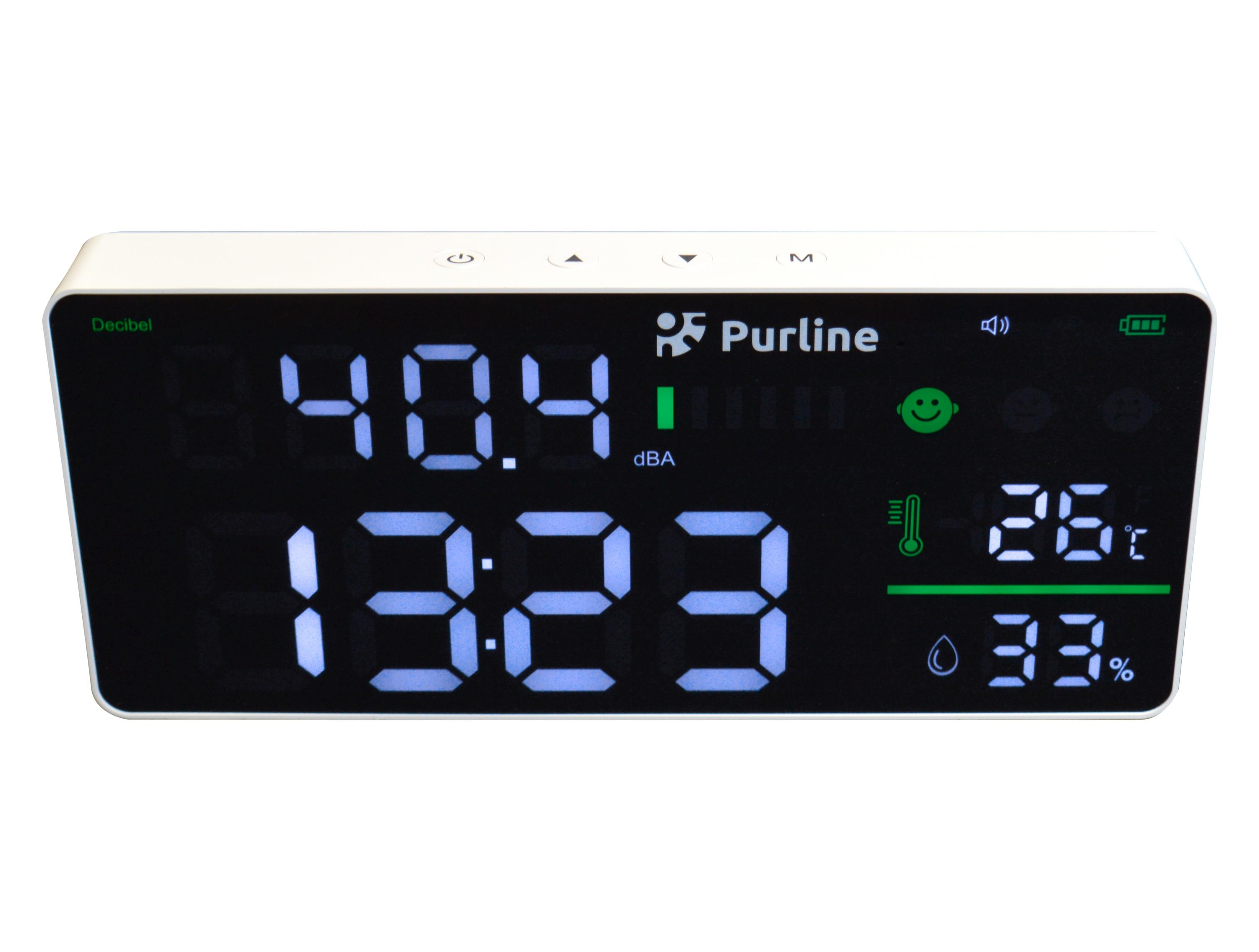 Reloj de mesa digital Purline con pantalla LED azul que muestra hora, decibelios, temperatura y humedad.