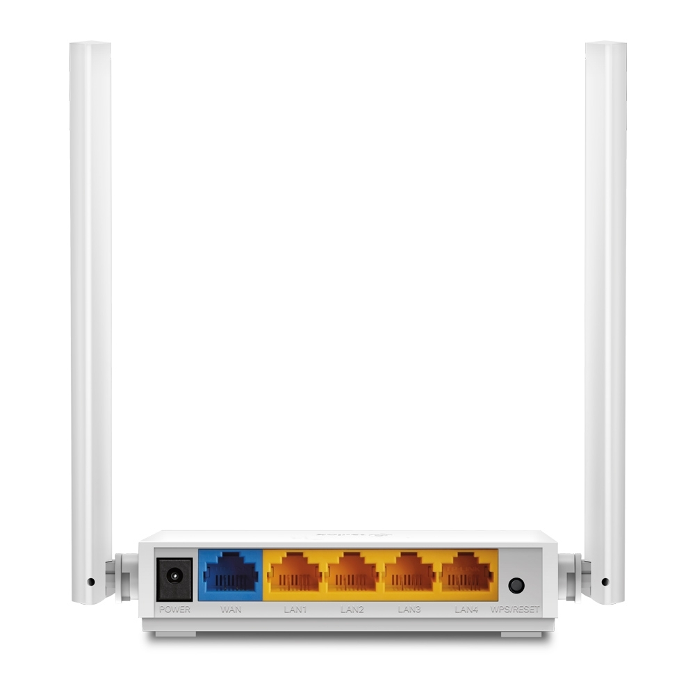 Routeur sans fil blanc avec deux antennes et des ports colores a l'arriere.
