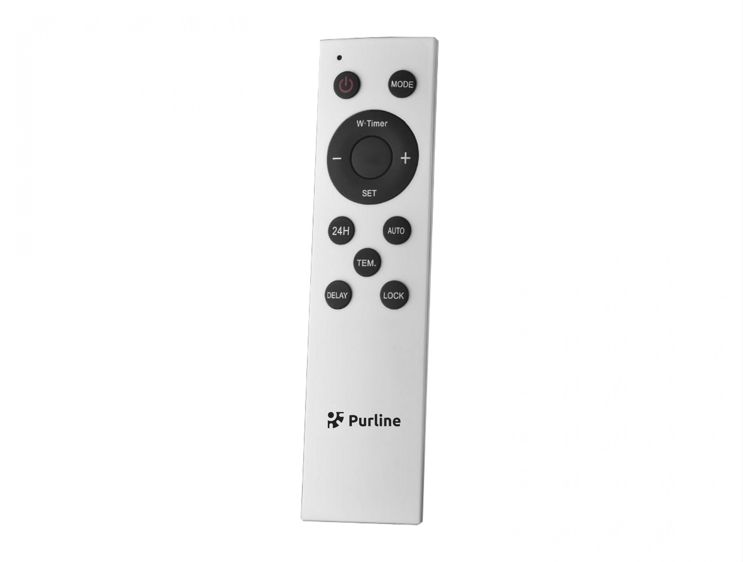 Un control remoto Purline blanco con botones negros sobre fondo blanco.