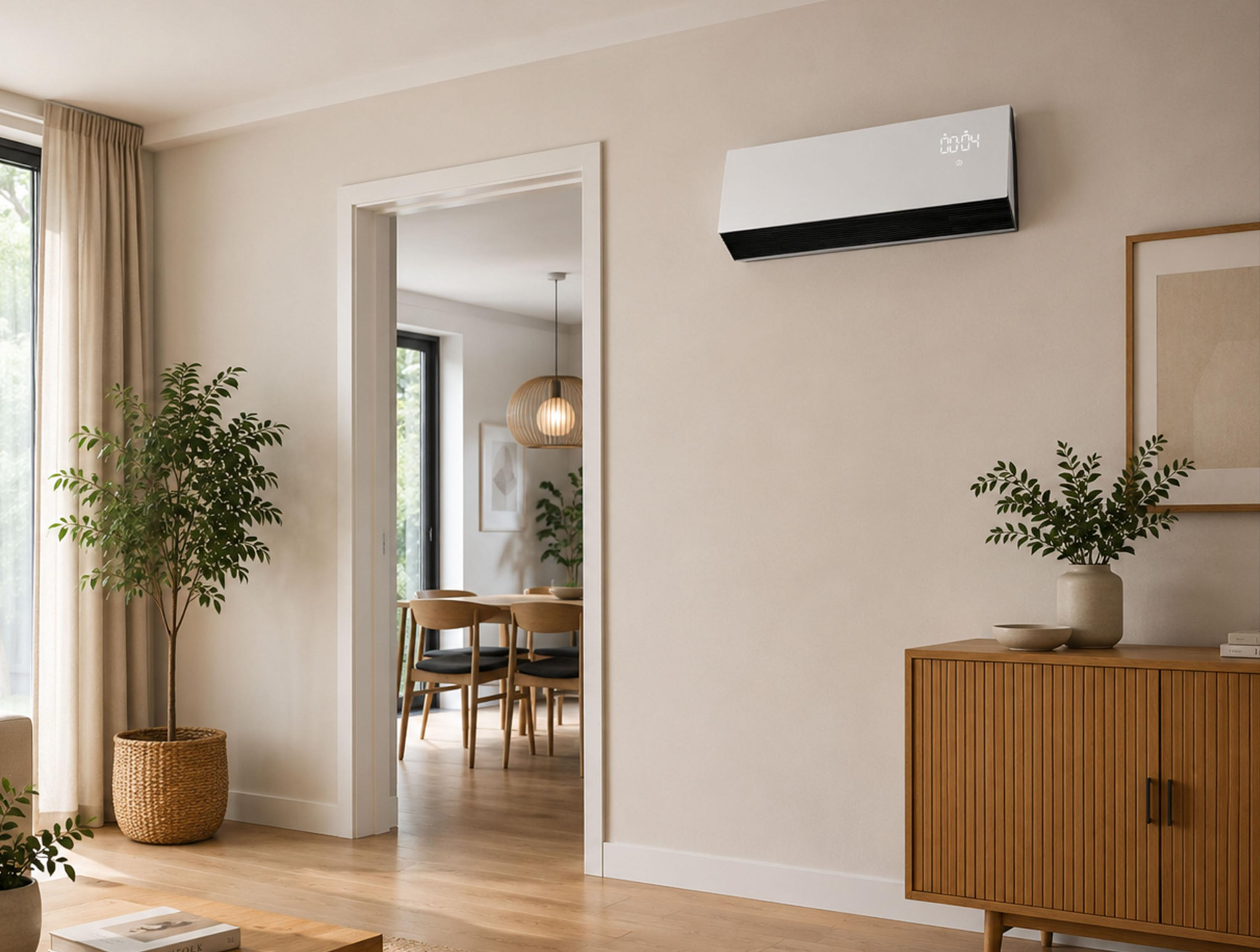 Un aire acondicionado blanco montado en una pared beige en una habitación moderna con un mueble de madera y plantas.