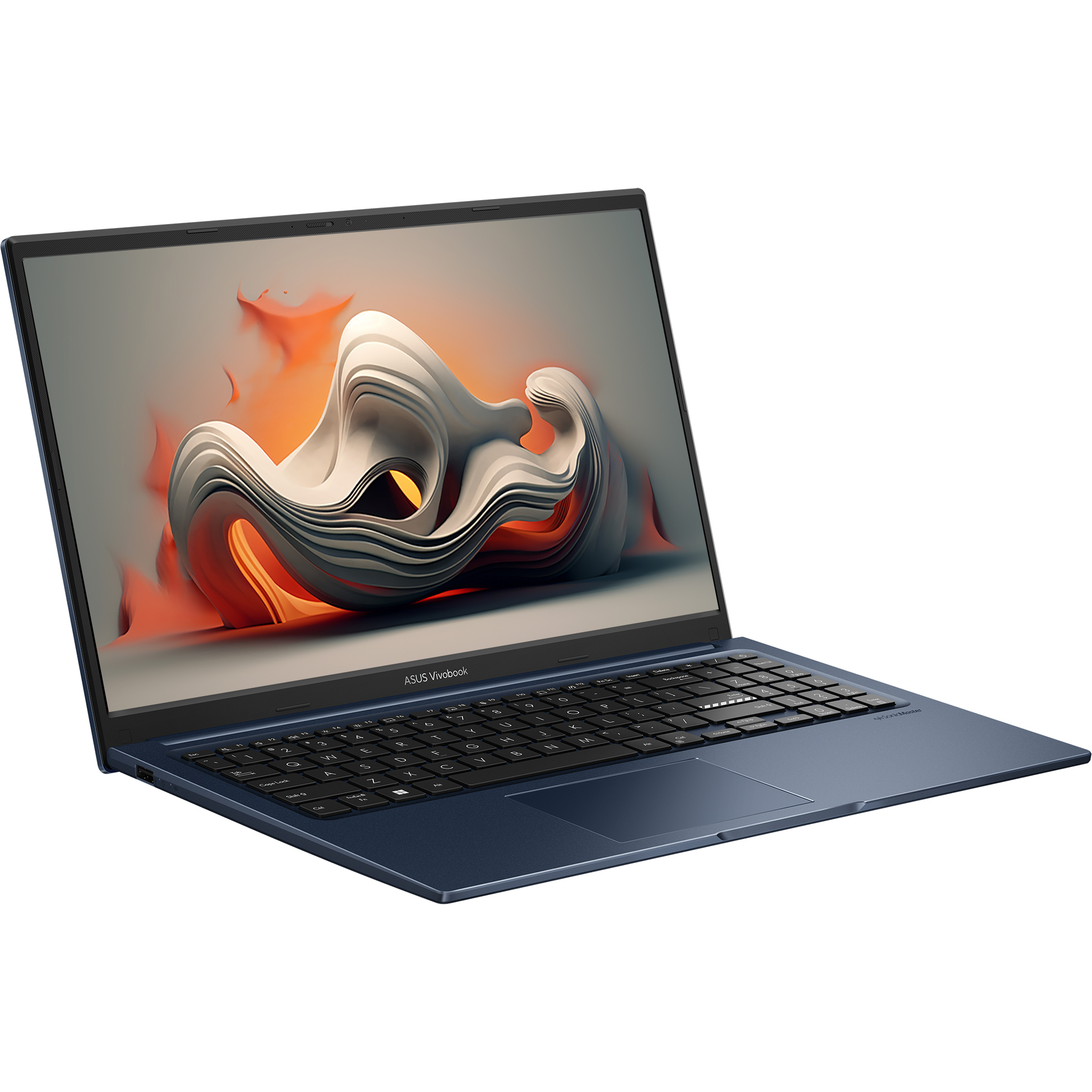 Beyaz arka plan üzerinde mavi bir Asus VivoBook dizüstü bilgisayar, ekranda soyut sanat eseri gösteriyor.