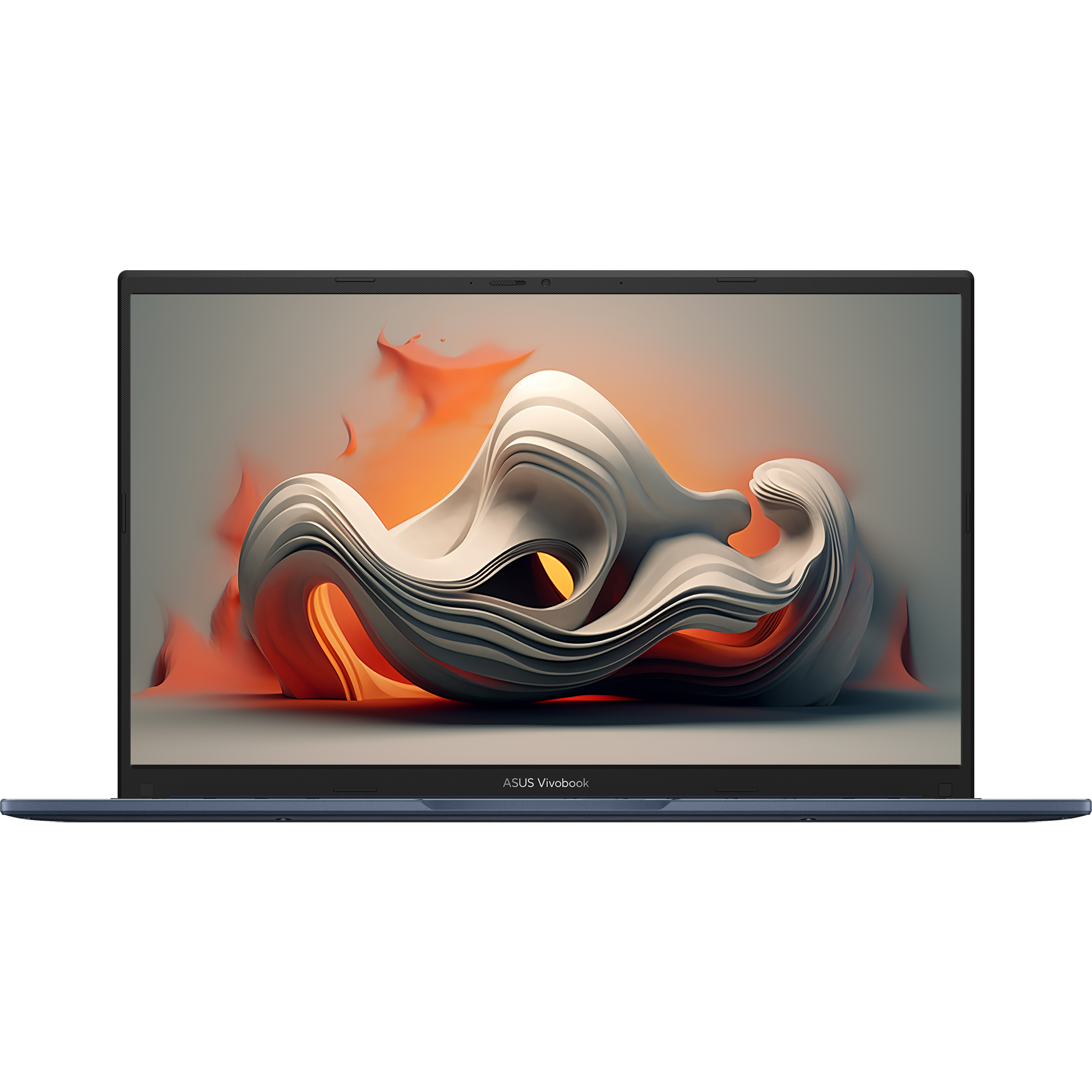 Ekranında beyaz ve turuncu tonlarında canlı bir soyut heykel bulunan bir ASUS Vivobook dizüstü bilgisayar.