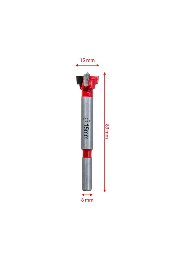 Beyaz arka planda 15 mm çapında ve 83 mm toplam uzunluğunda kırmızı ve gri ahşap matkap ucu.